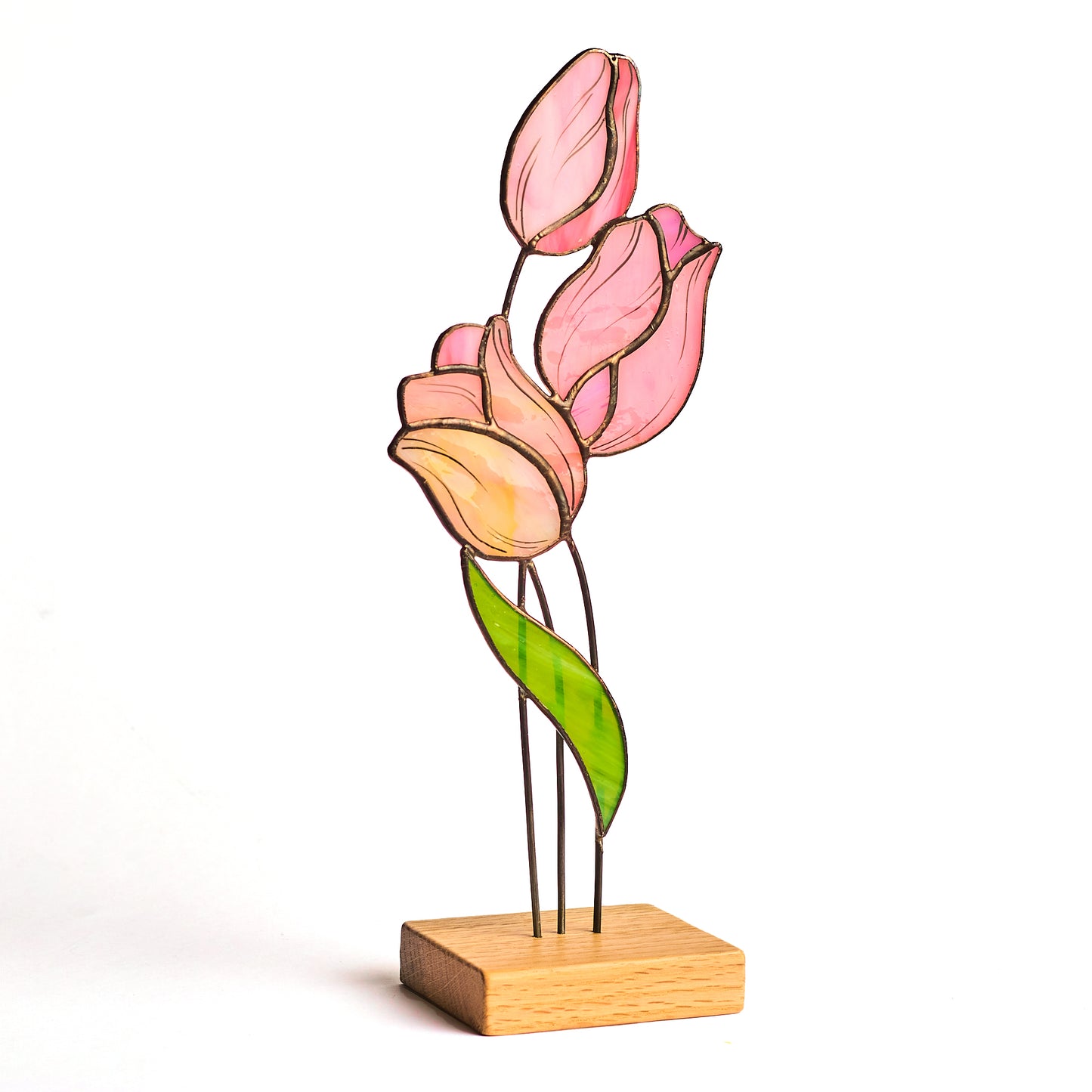 Tulip Stained Glass Tabletop Accent with Wooden Stand