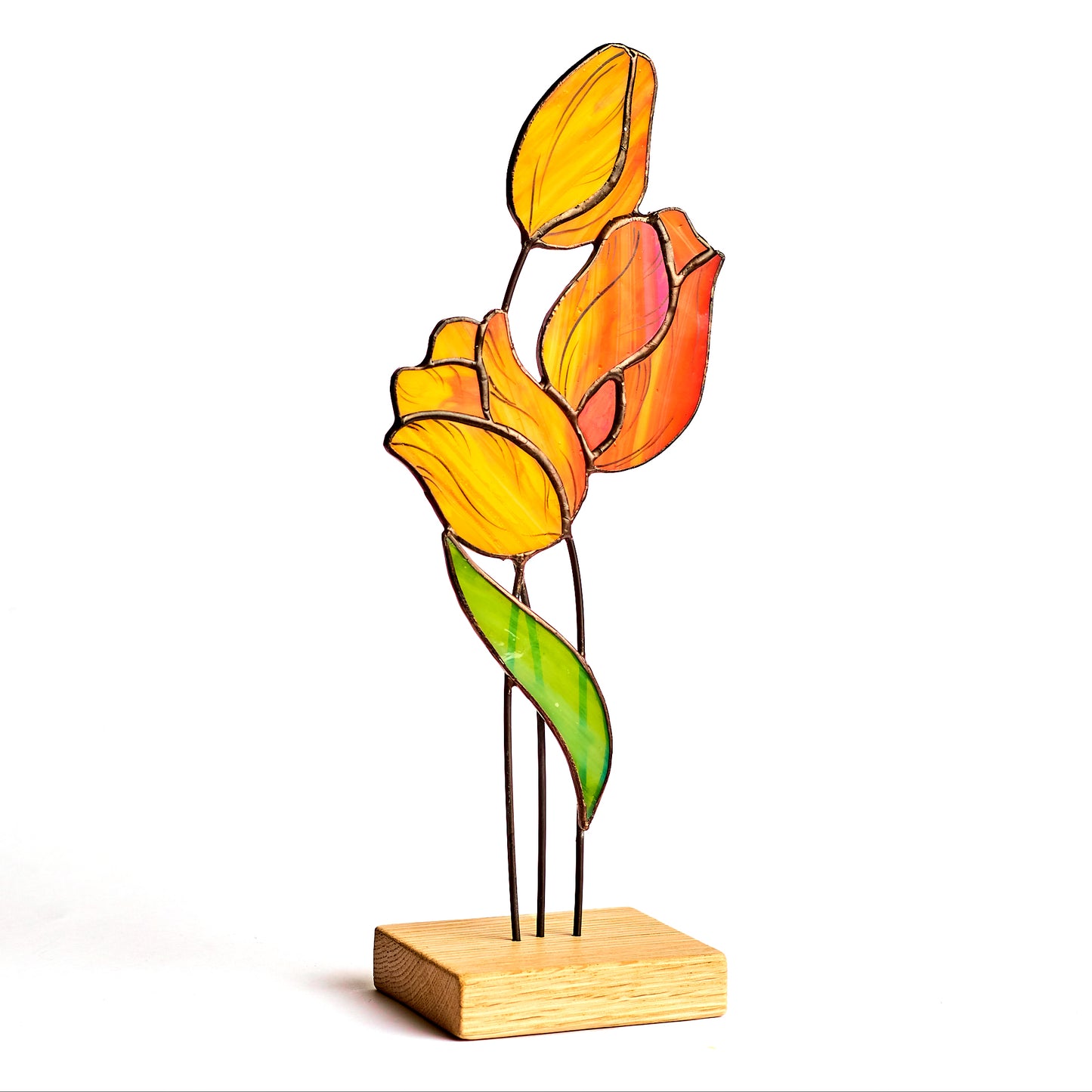 Tulip Stained Glass Tabletop Accent with Wooden Stand