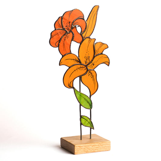 Tabletop Lily Flower Stained Glass Decoration with Wooden Base