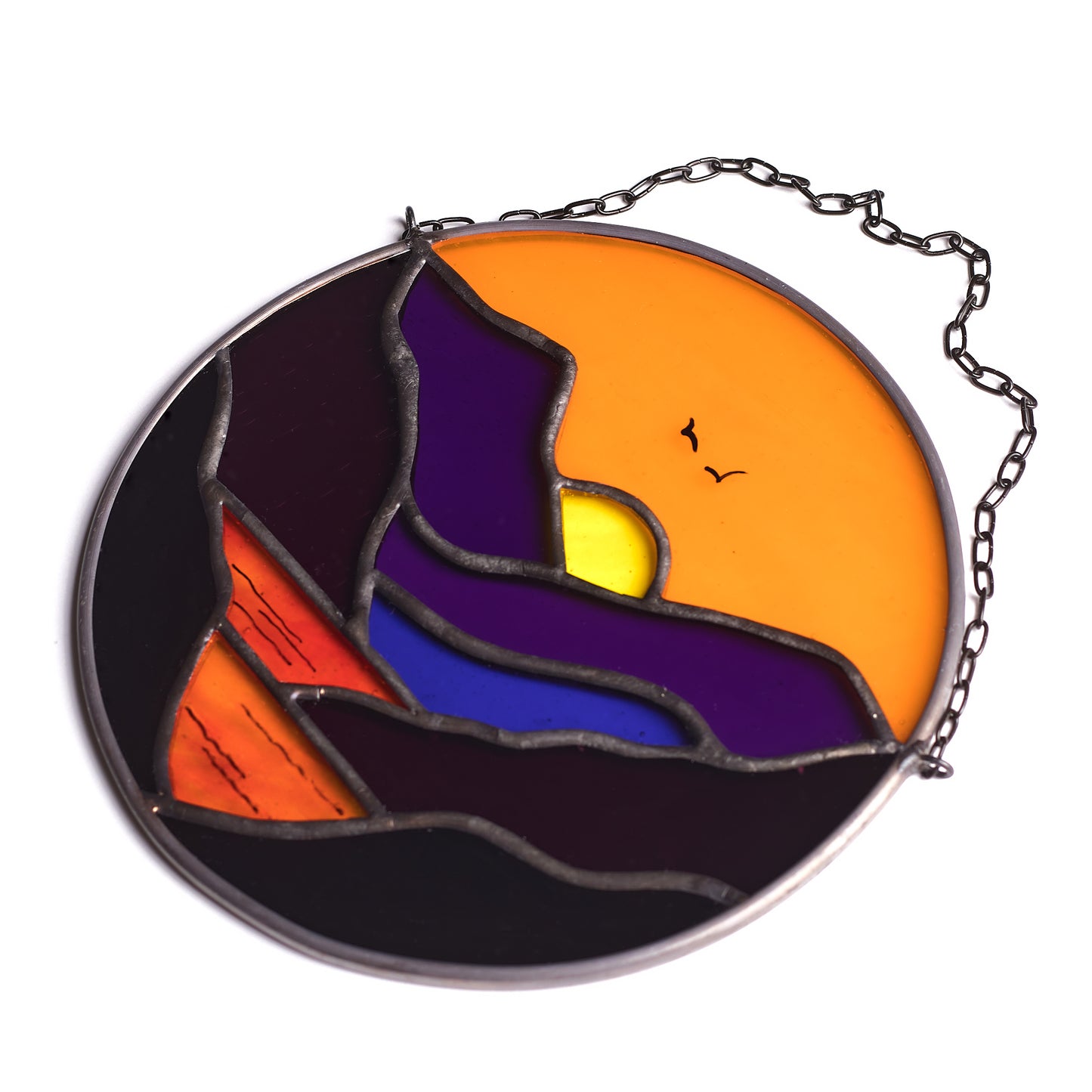 Fiery Sunset Mountains Stained Glass Suncatcher