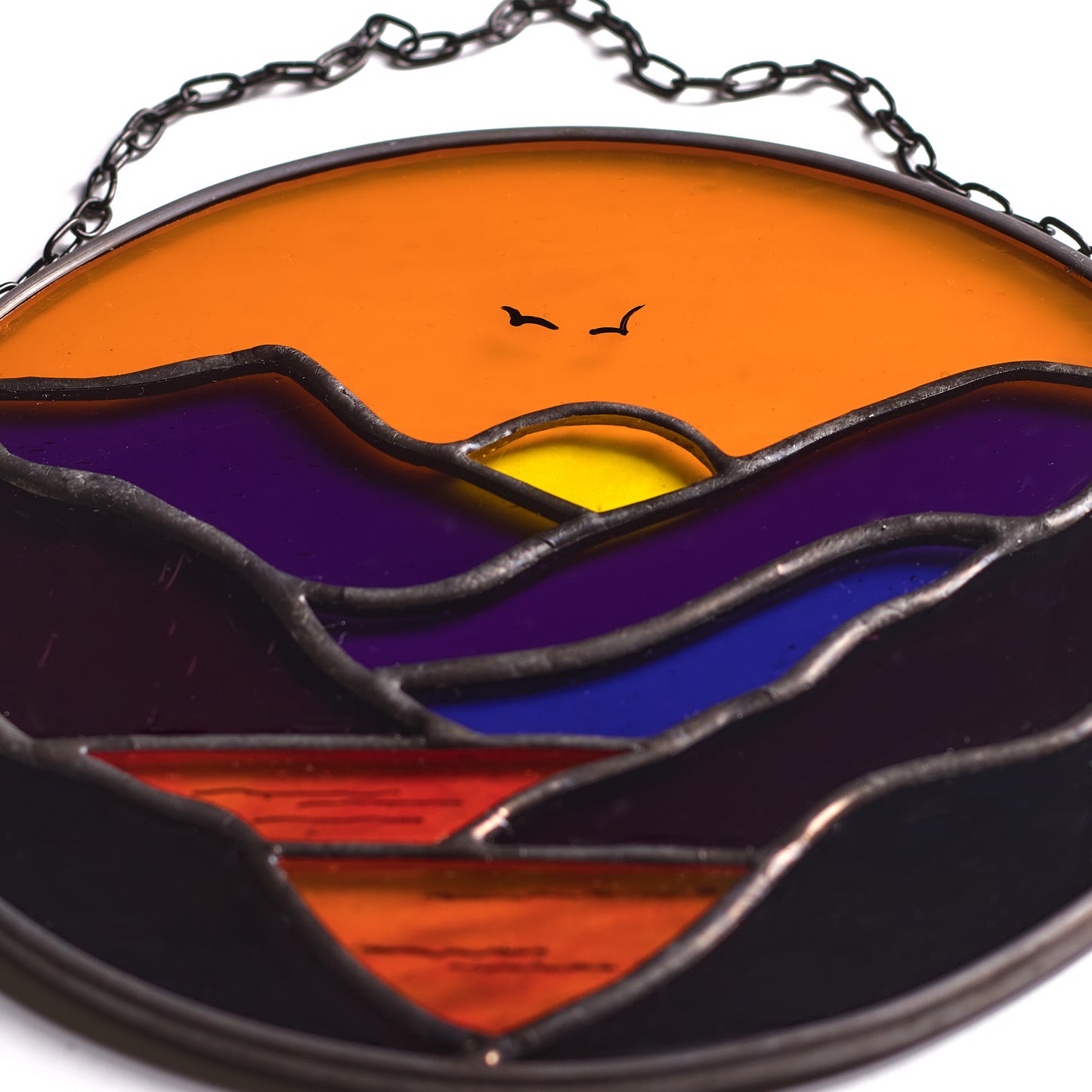 Fiery Sunset Mountains Stained Glass Suncatcher