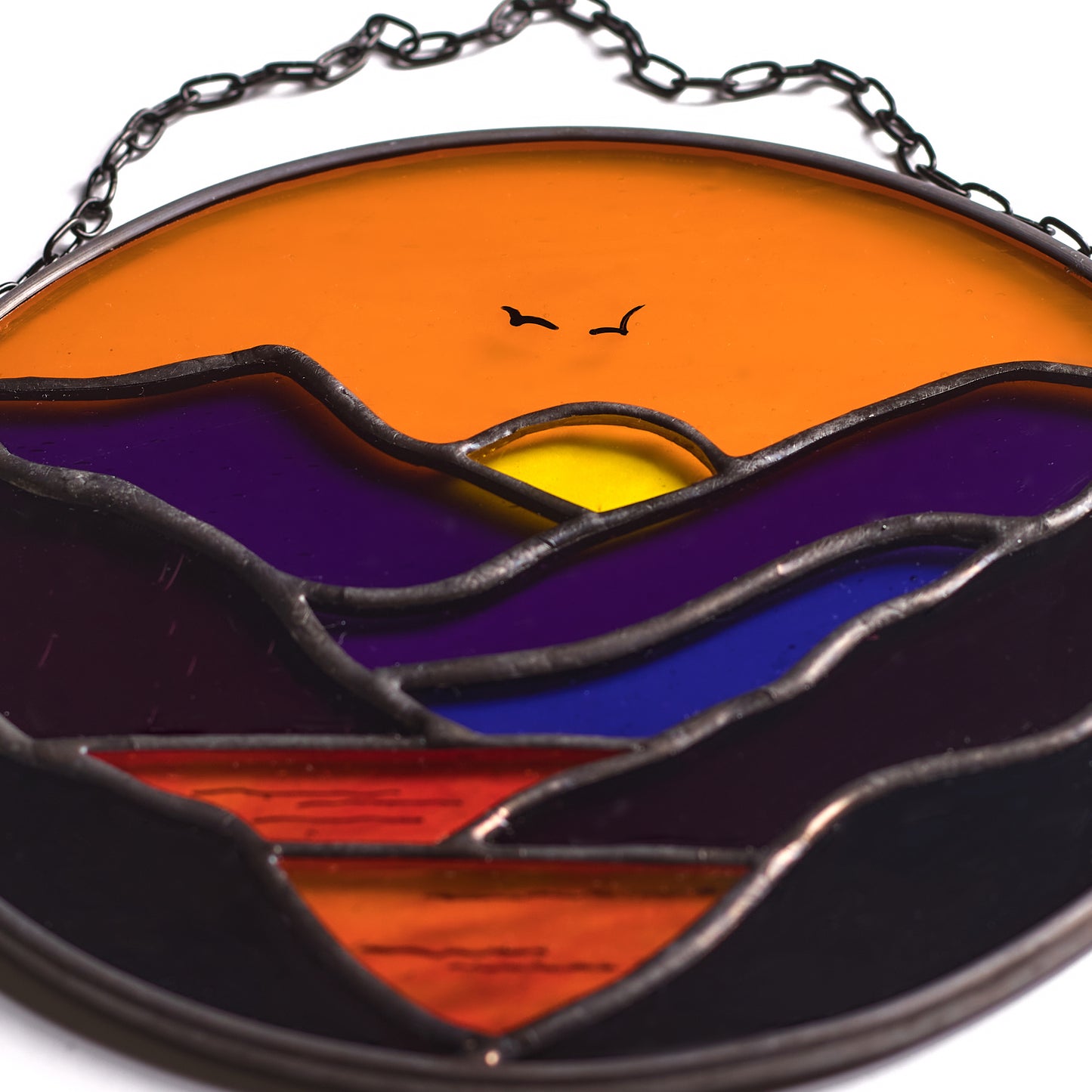 Fiery Sunset Mountains Landscape Stained Glass