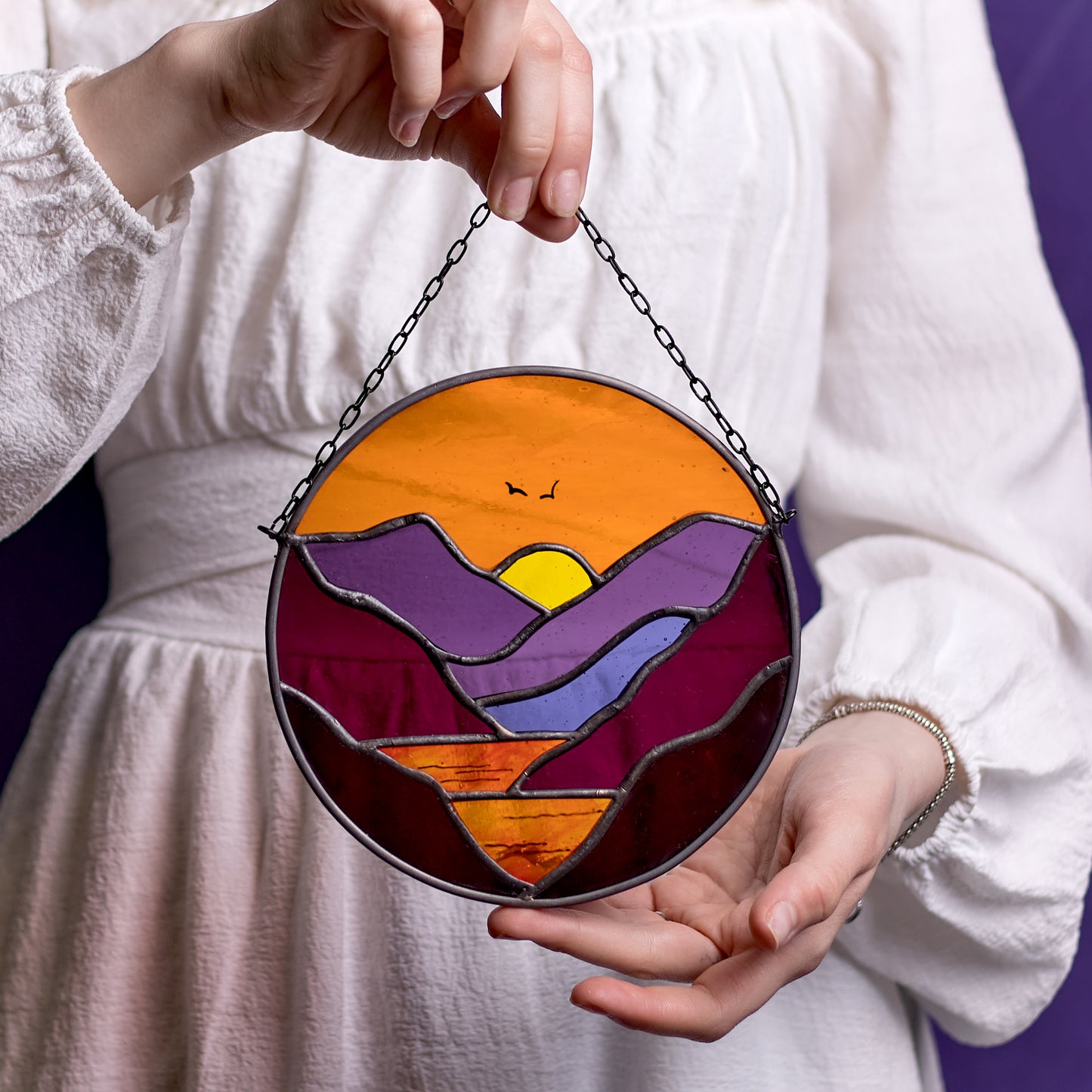 Fiery Sunset Mountains Stained Glass Suncatcher