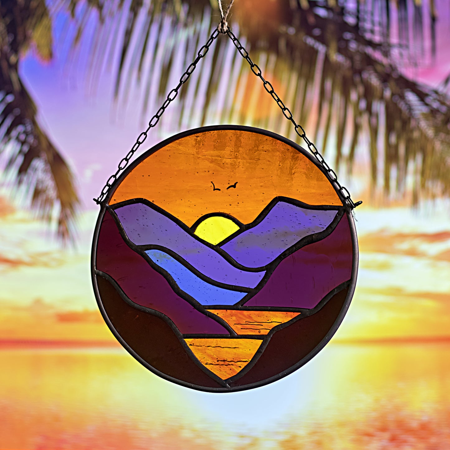 Fiery Sunset Mountains Stained Glass Suncatcher
