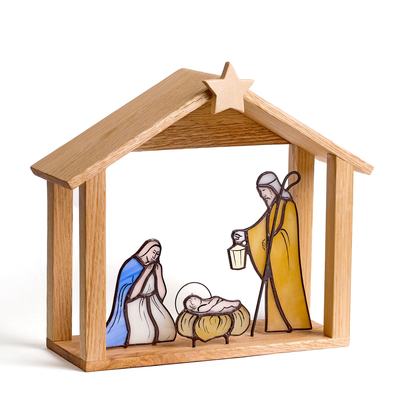 Stained Glass Nativity Scene with Wooden Stable