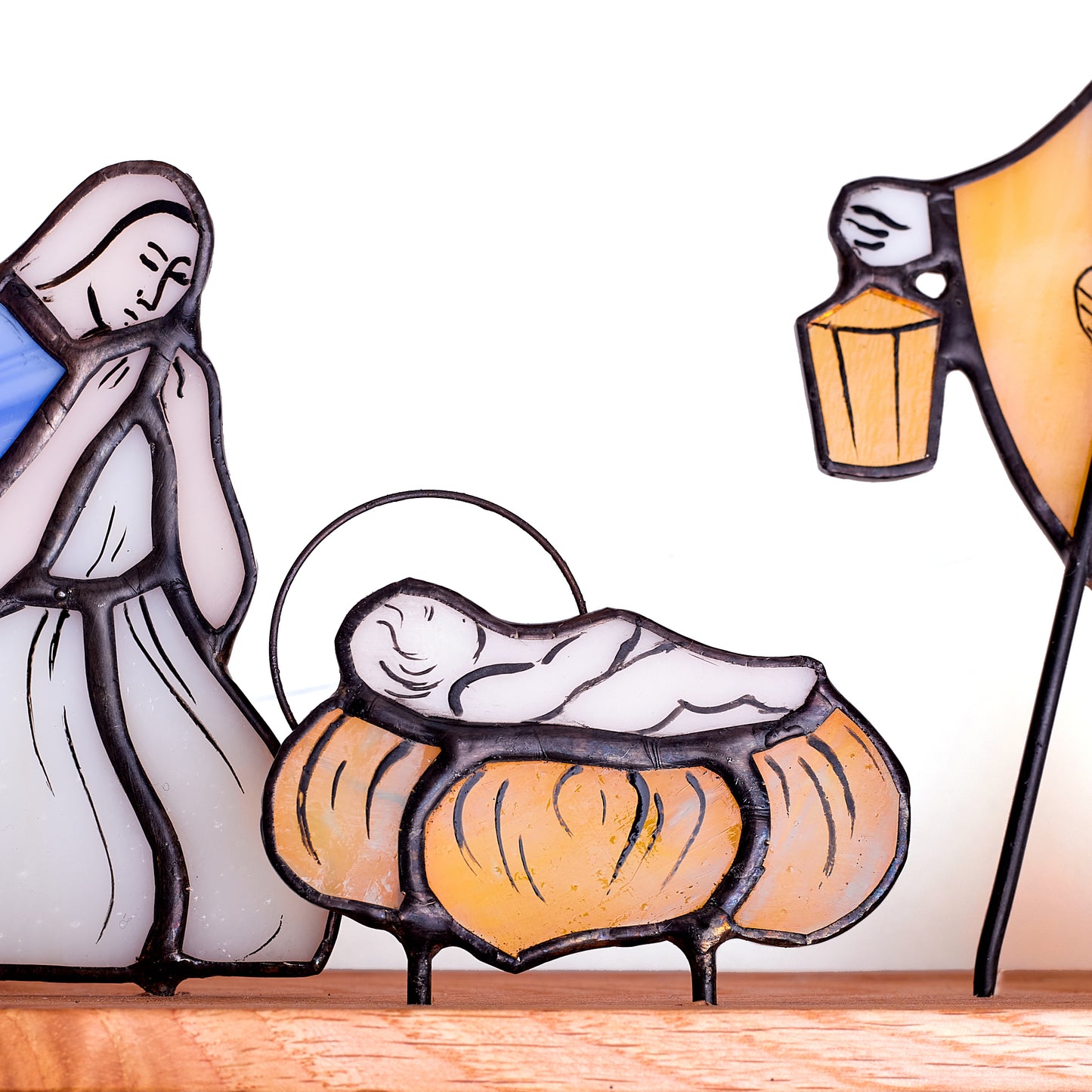 Stained Glass Nativity Scene with Wooden Stable