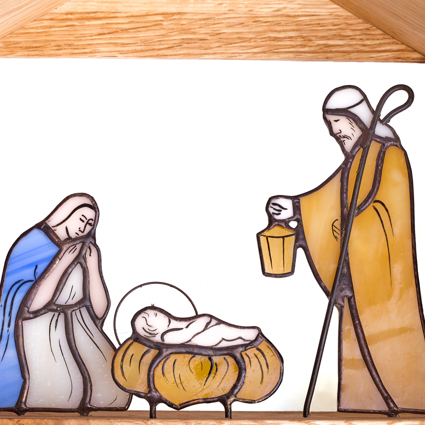 Stained Glass Nativity Scene with Wooden Stable