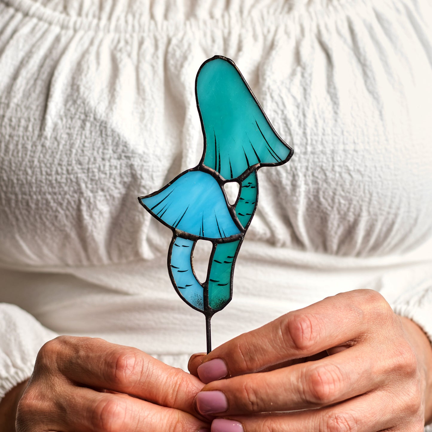 Blue Entoloma Mushroom Stained Glass Plant Pot Stake