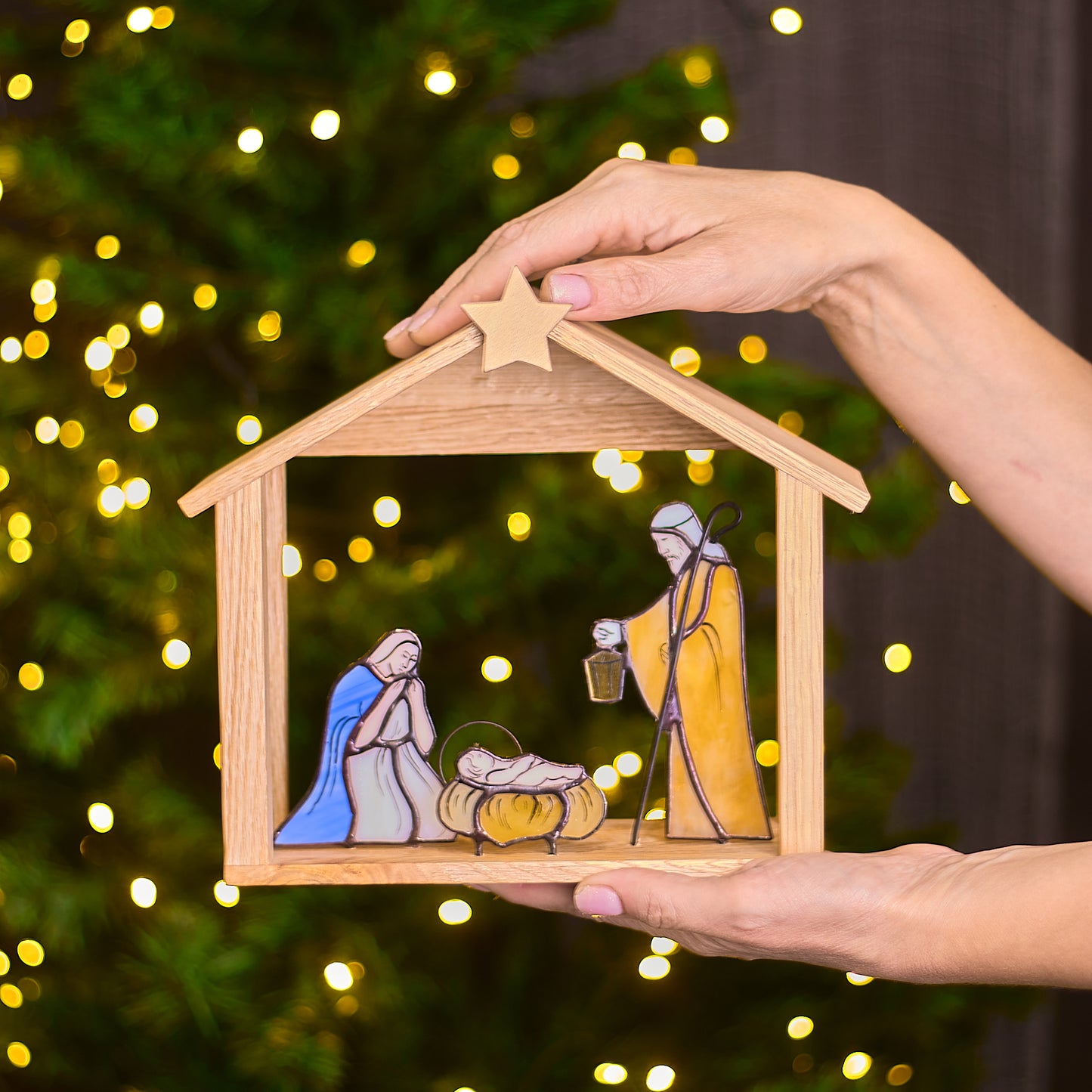 Stained Glass Nativity Scene with Wooden Stable