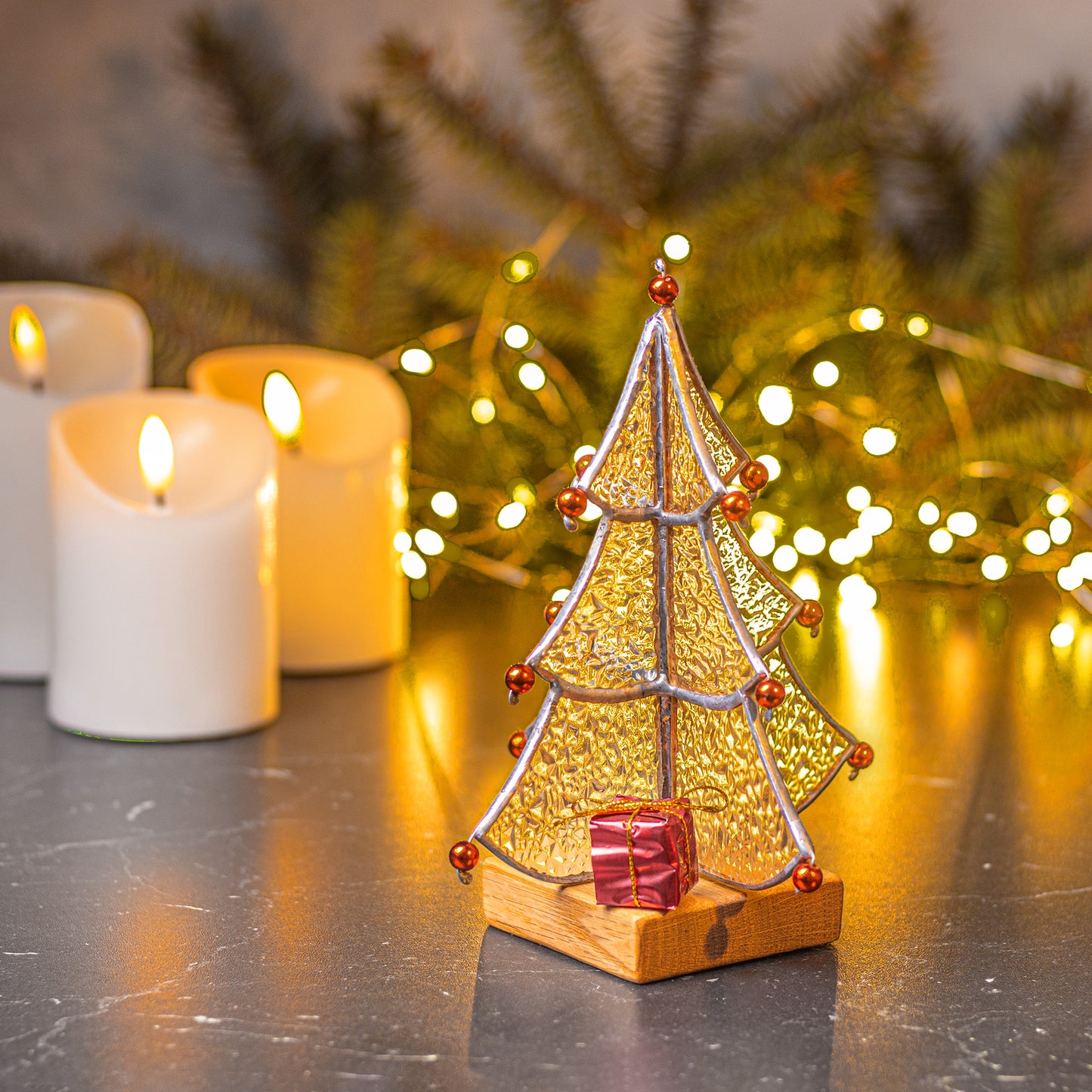 Glass Christmas Tree with Red bulbs