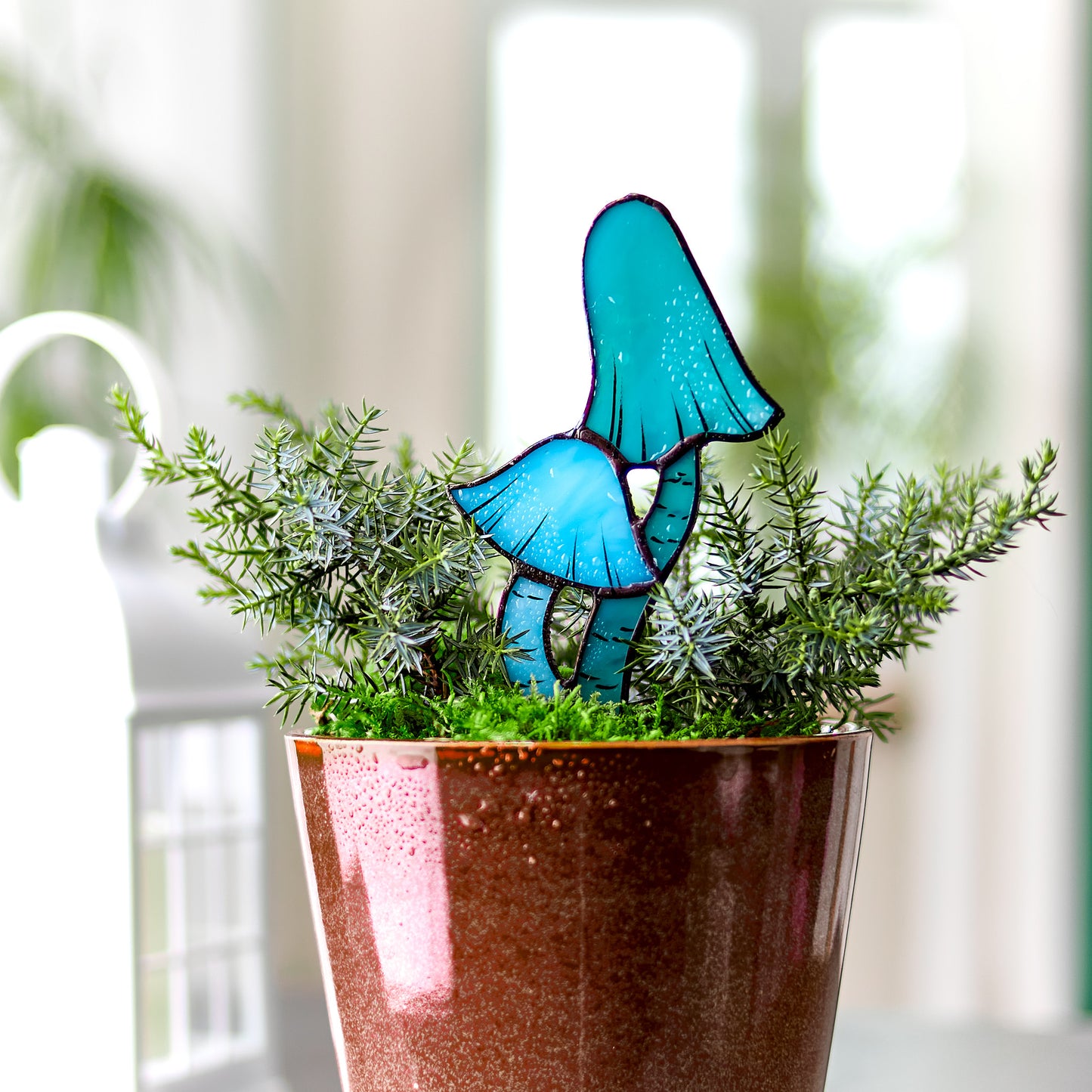 Blue Entoloma Mushroom Stained Glass Plant Pot Stake