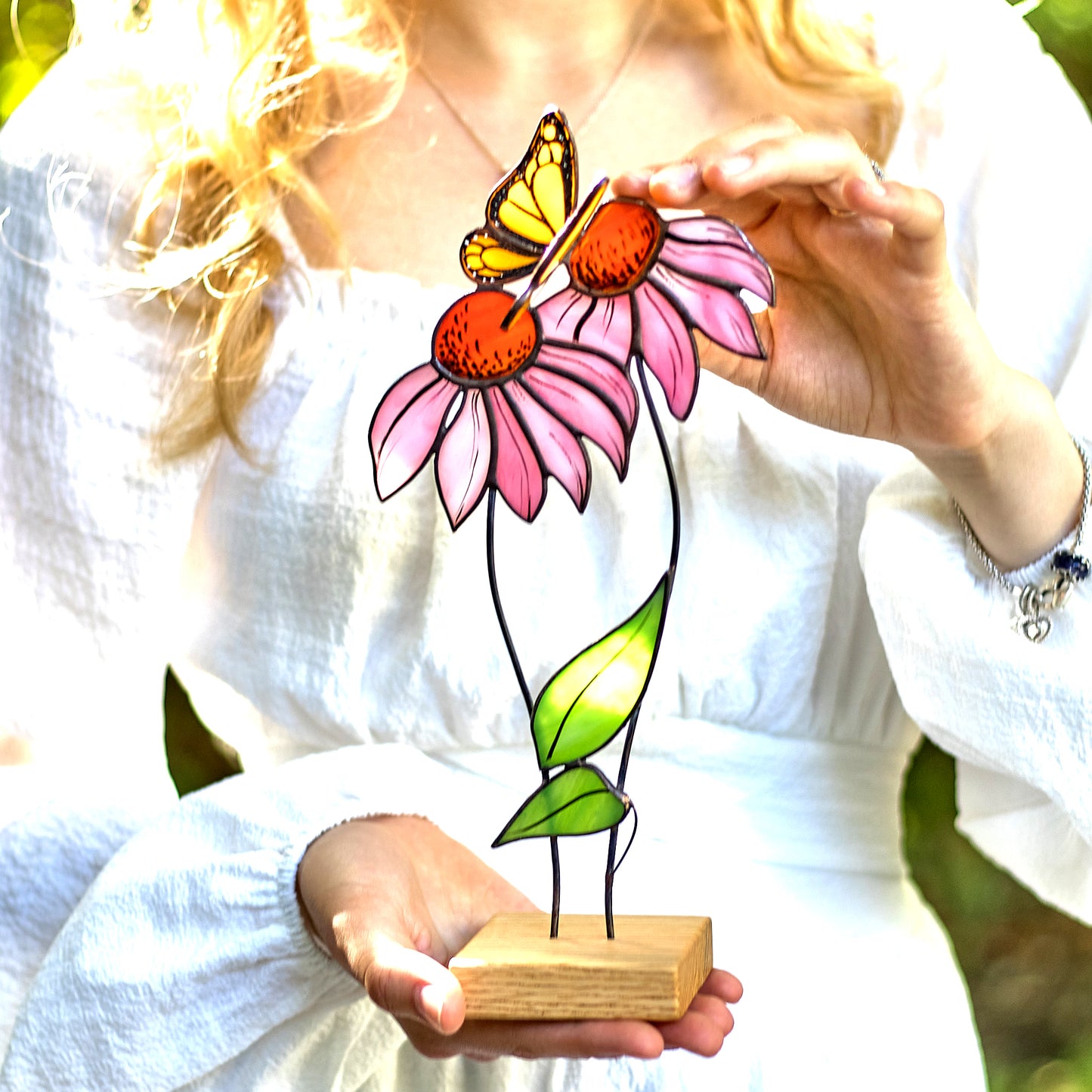 Pink Echinacea Flower with Butterfly Stained Glass Tabletop