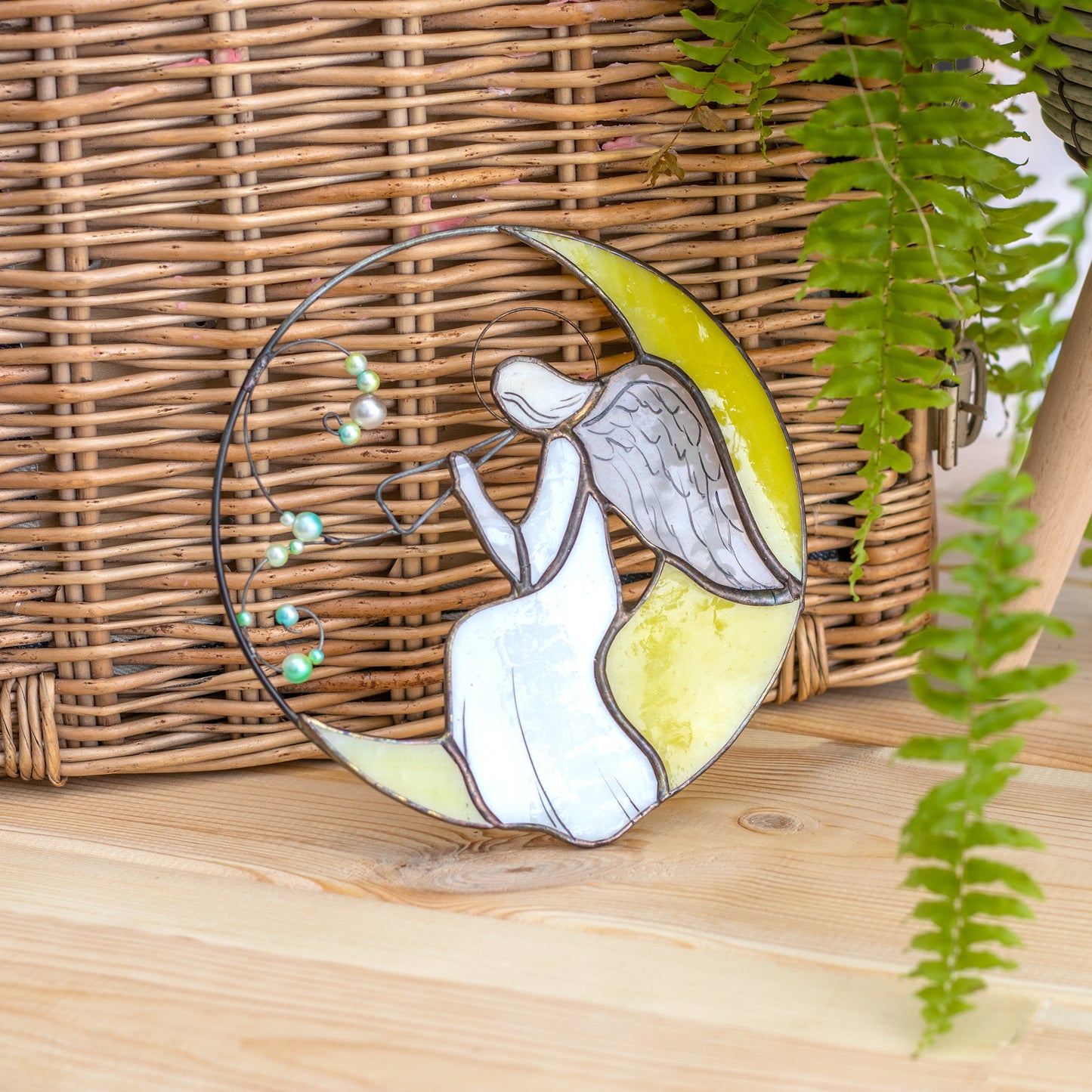 Angel on a Moon Stained Glass Suncatcher