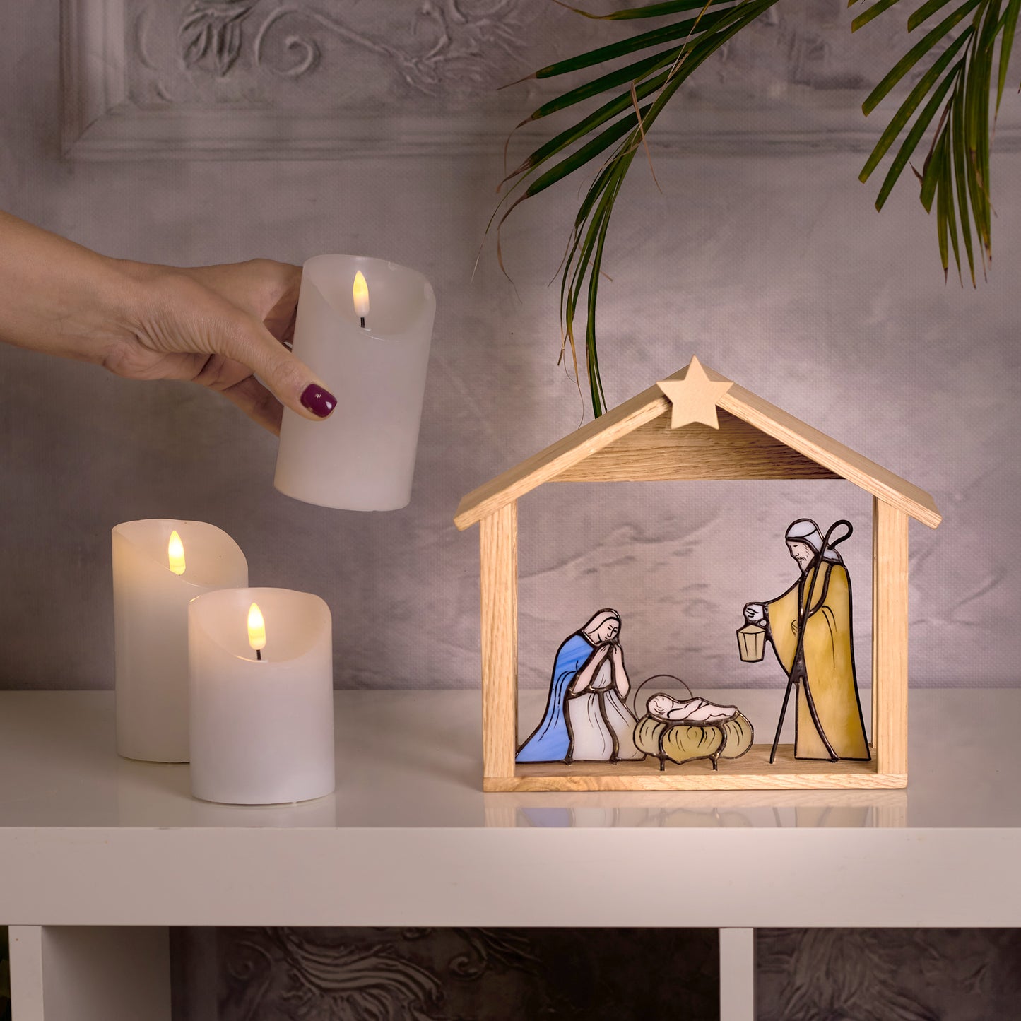 Stained Glass Nativity Scene with Wooden Stable