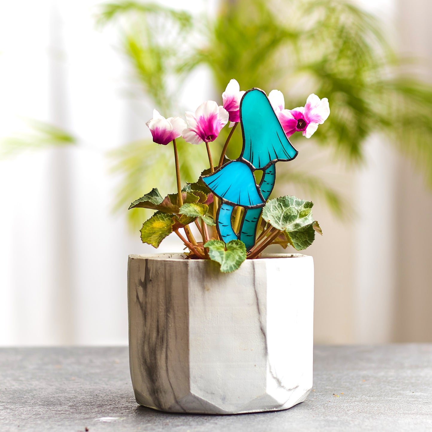 Blue Entoloma Mushroom Stained Glass Plant Pot Stake