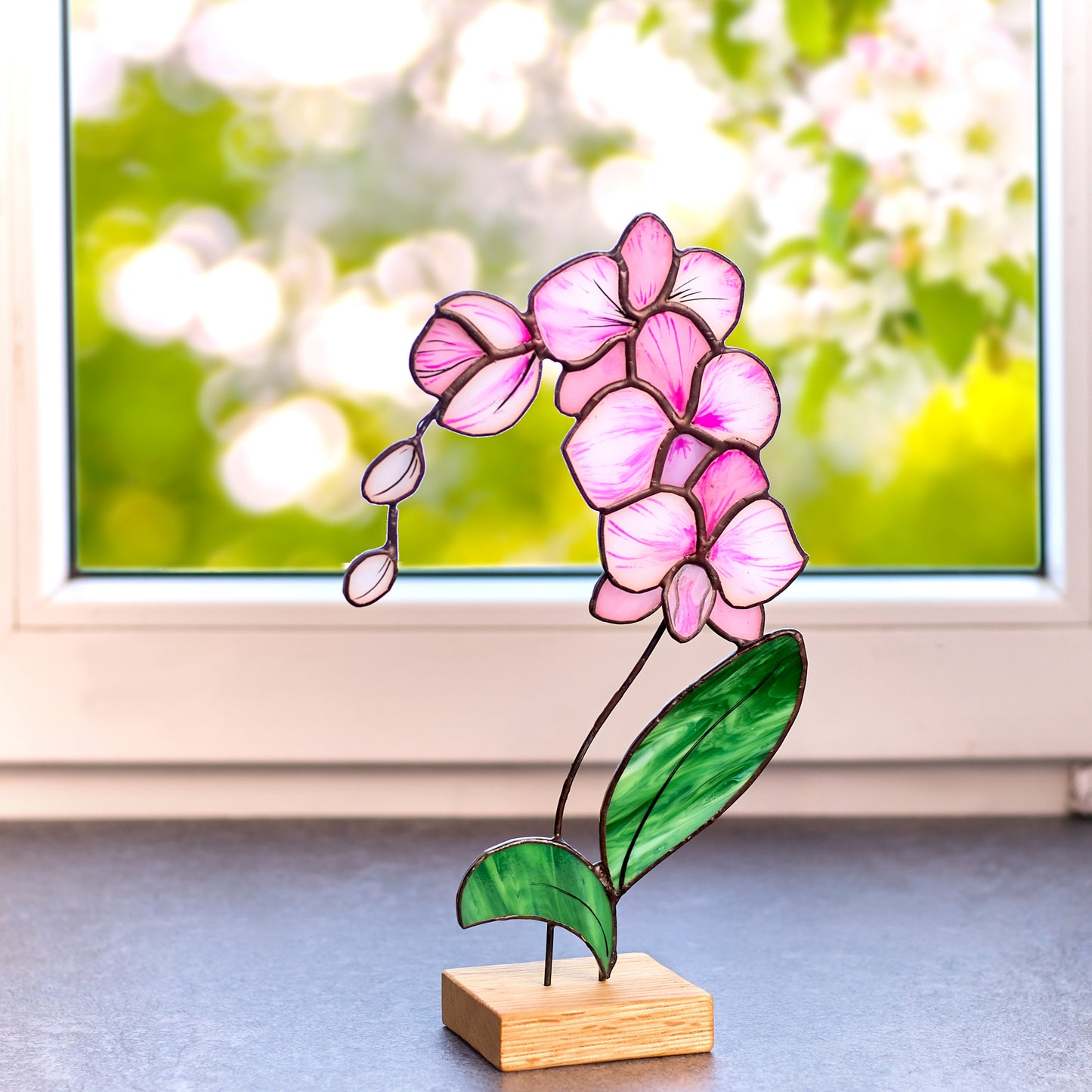 Pink Orchid Flower Stained Glass Tabletop