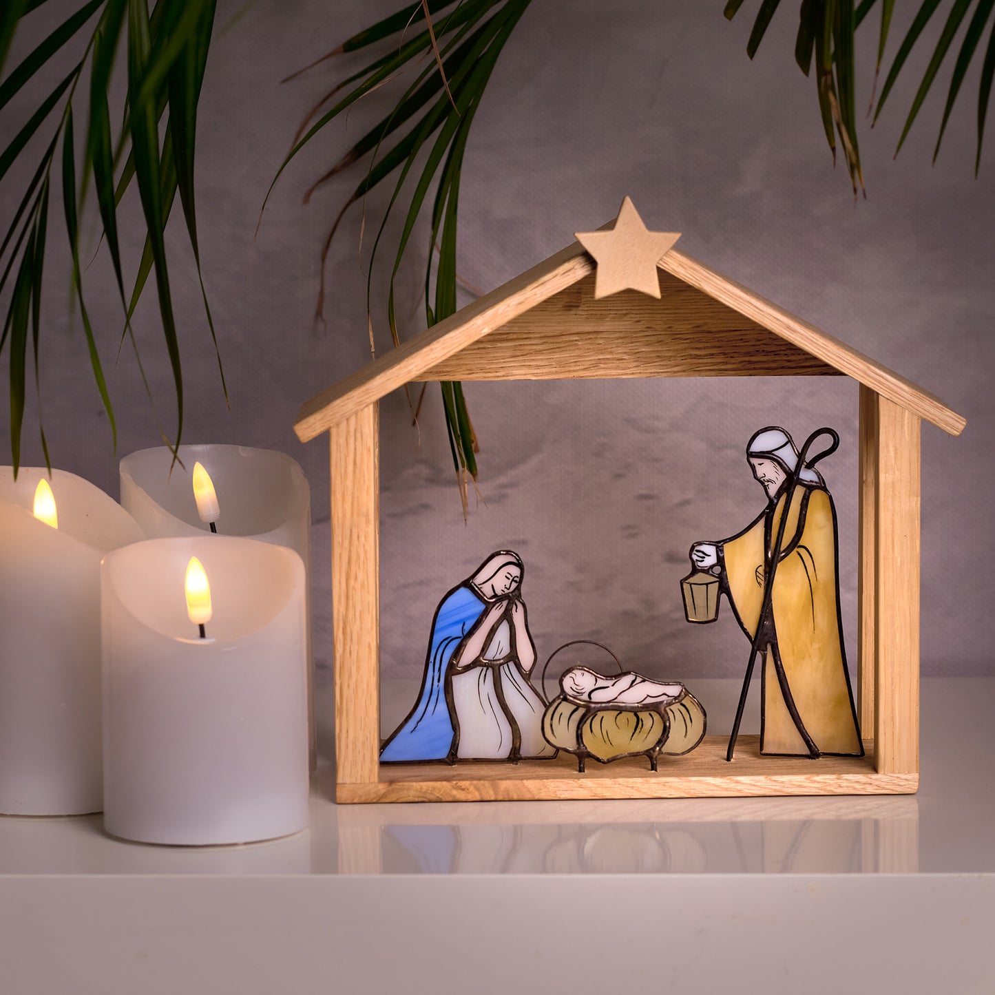 Stained Glass Nativity Scene with Wooden Stable