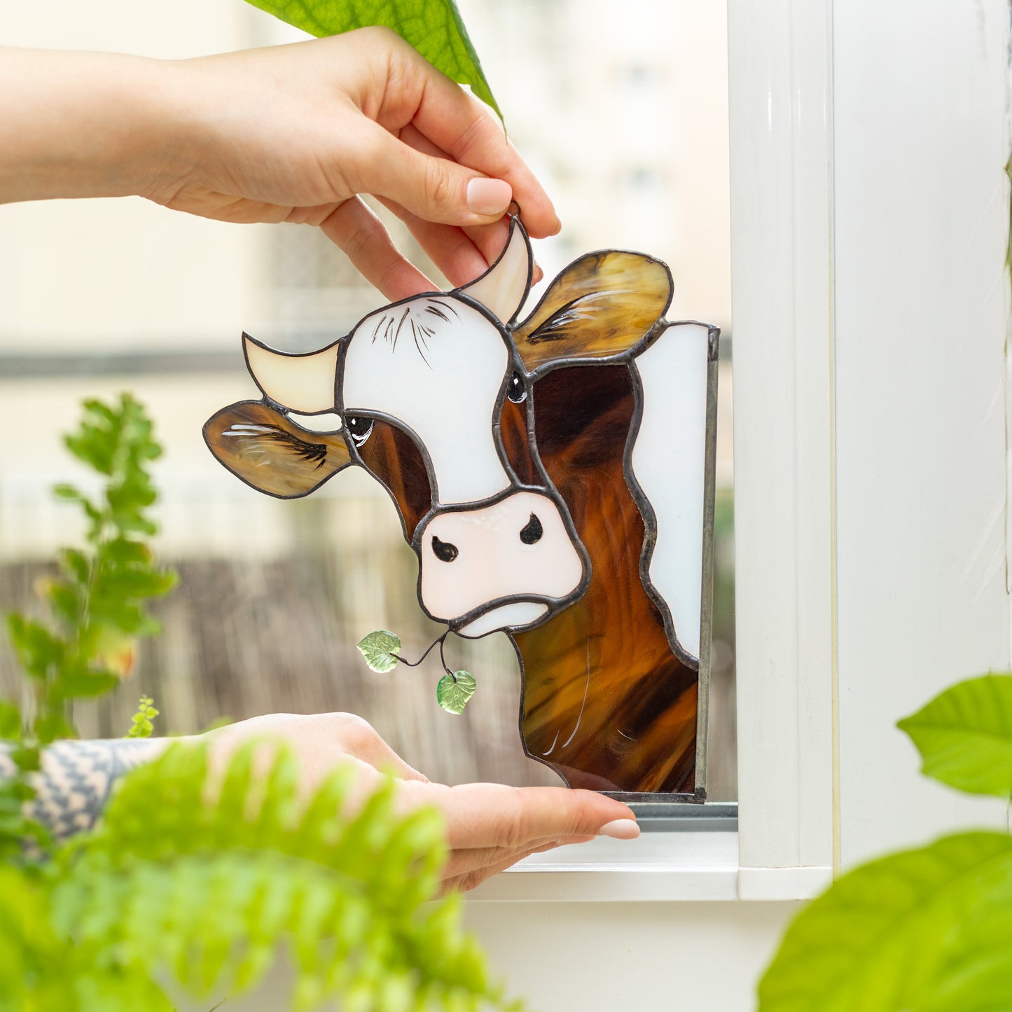Whimsical Cow Stained Glass Window Corner