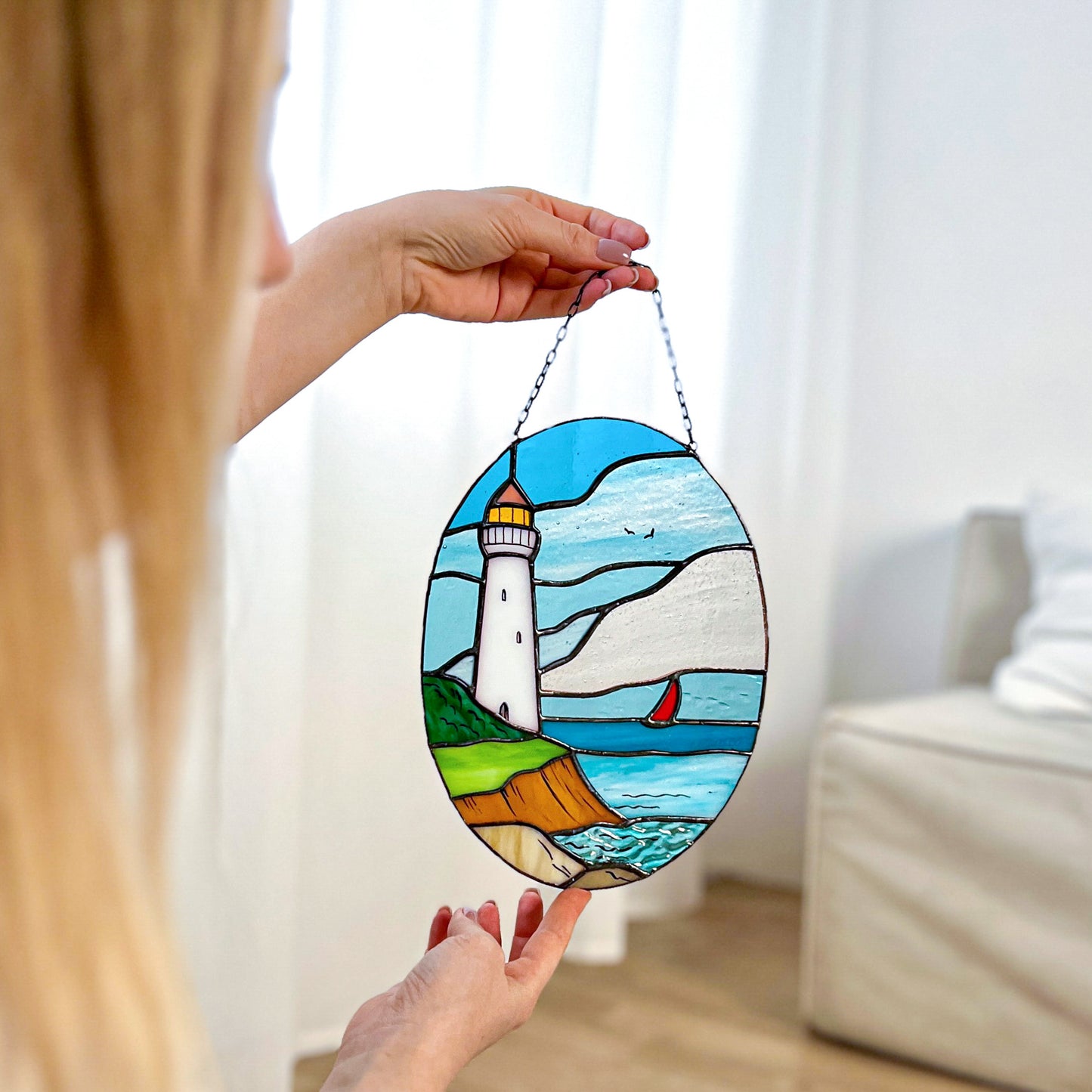 Lighthouse Stained Glass Hanging Panel