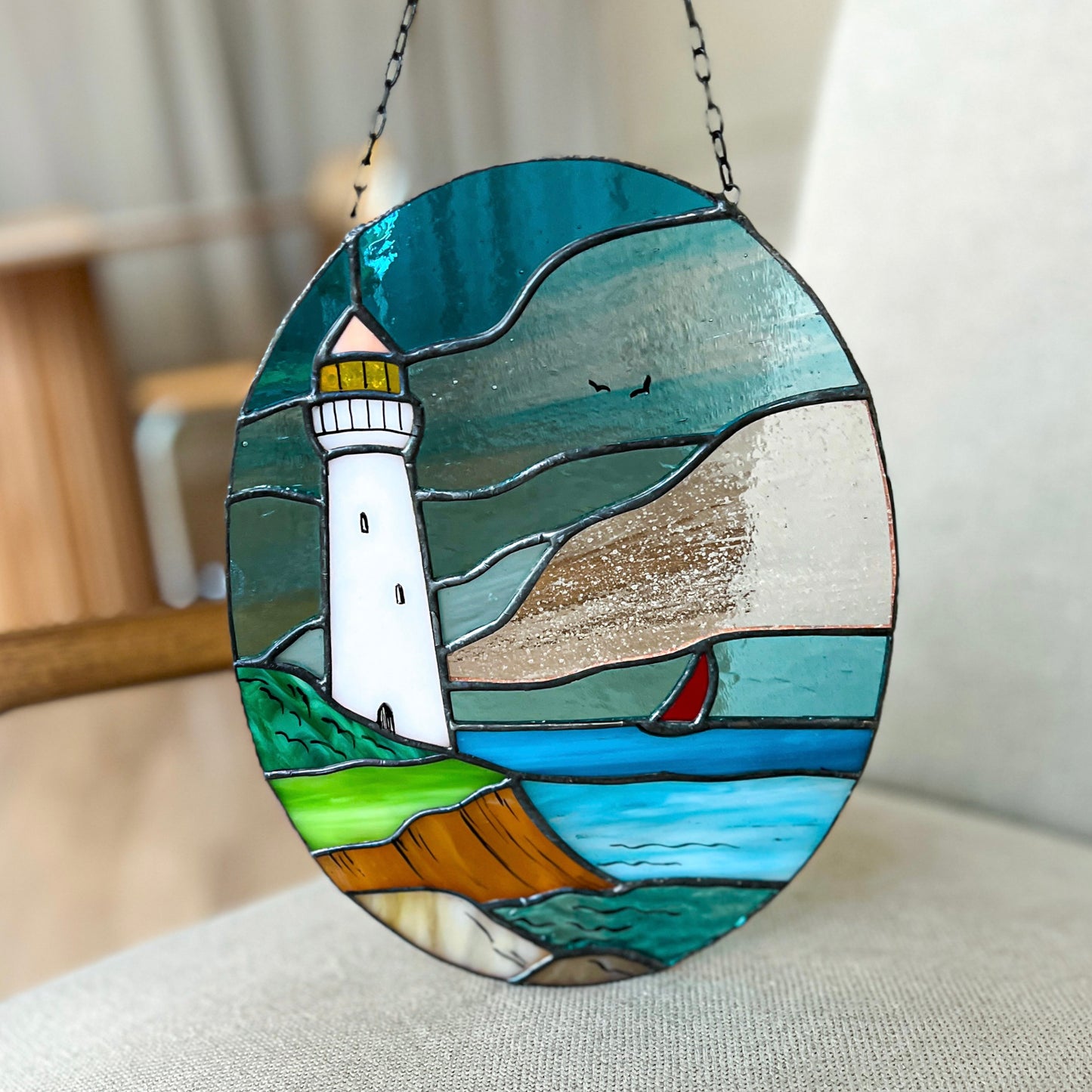 Lighthouse Stained Glass Hanging Panel
