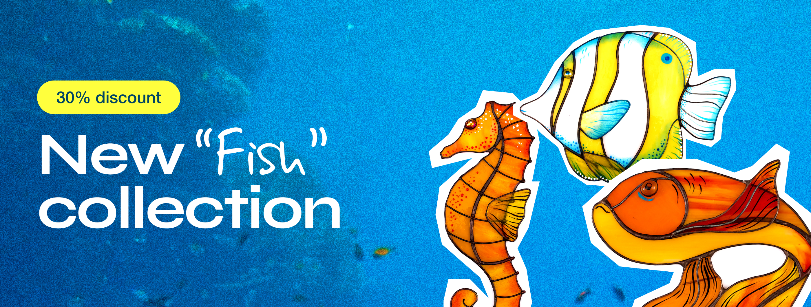 Promotional banner for a 'Fish' collection with cartoon fish and seahorse on a blue underwater background.