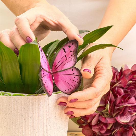 Pink Butterfly Stained Glass Plant Pot Hugger