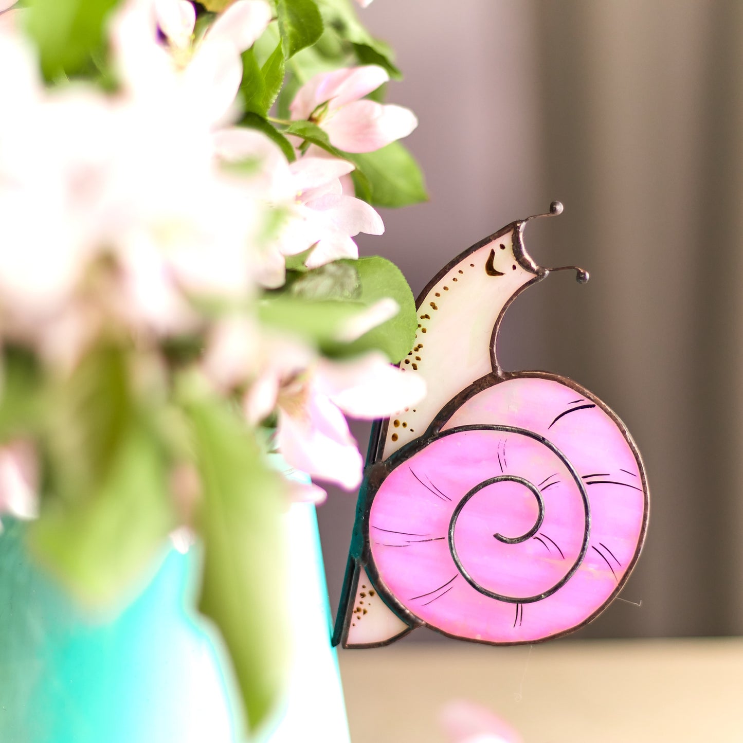 Pink Smiling Snail Stained Glass Plant Pot Hugger