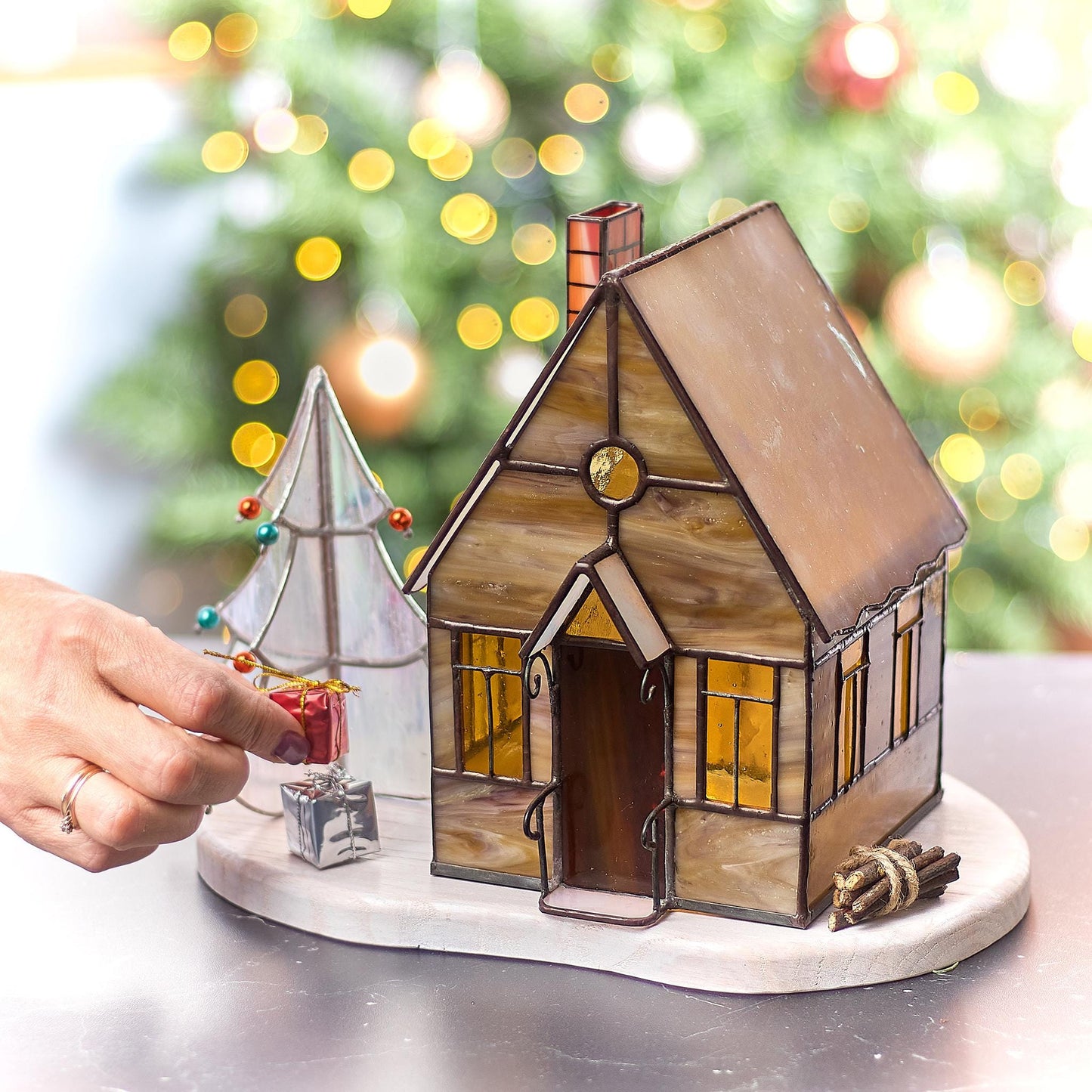 Christmas Village House Stained Glass Candle Holder