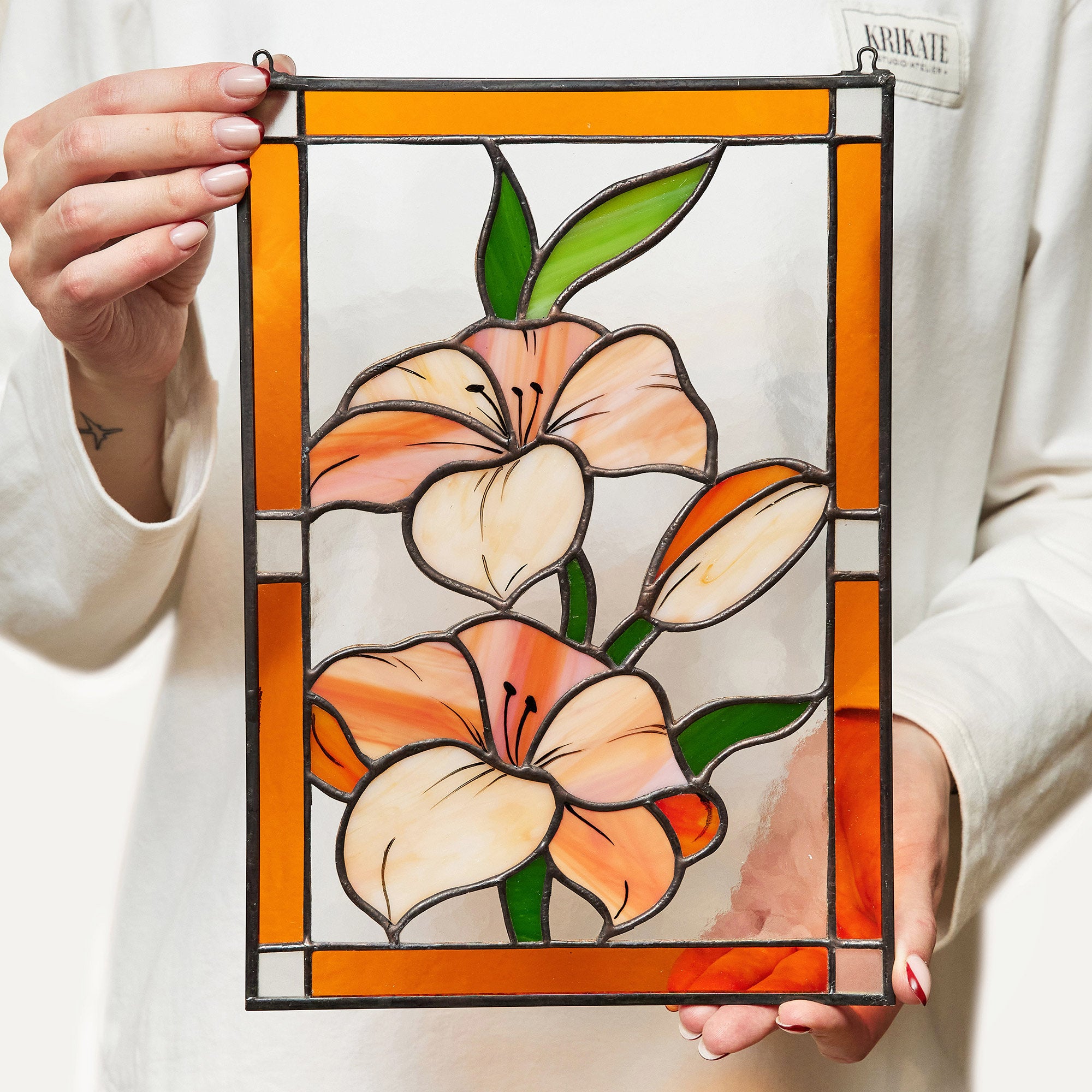 lily flower stain Lily Flower Stained Glass Hanging Panel