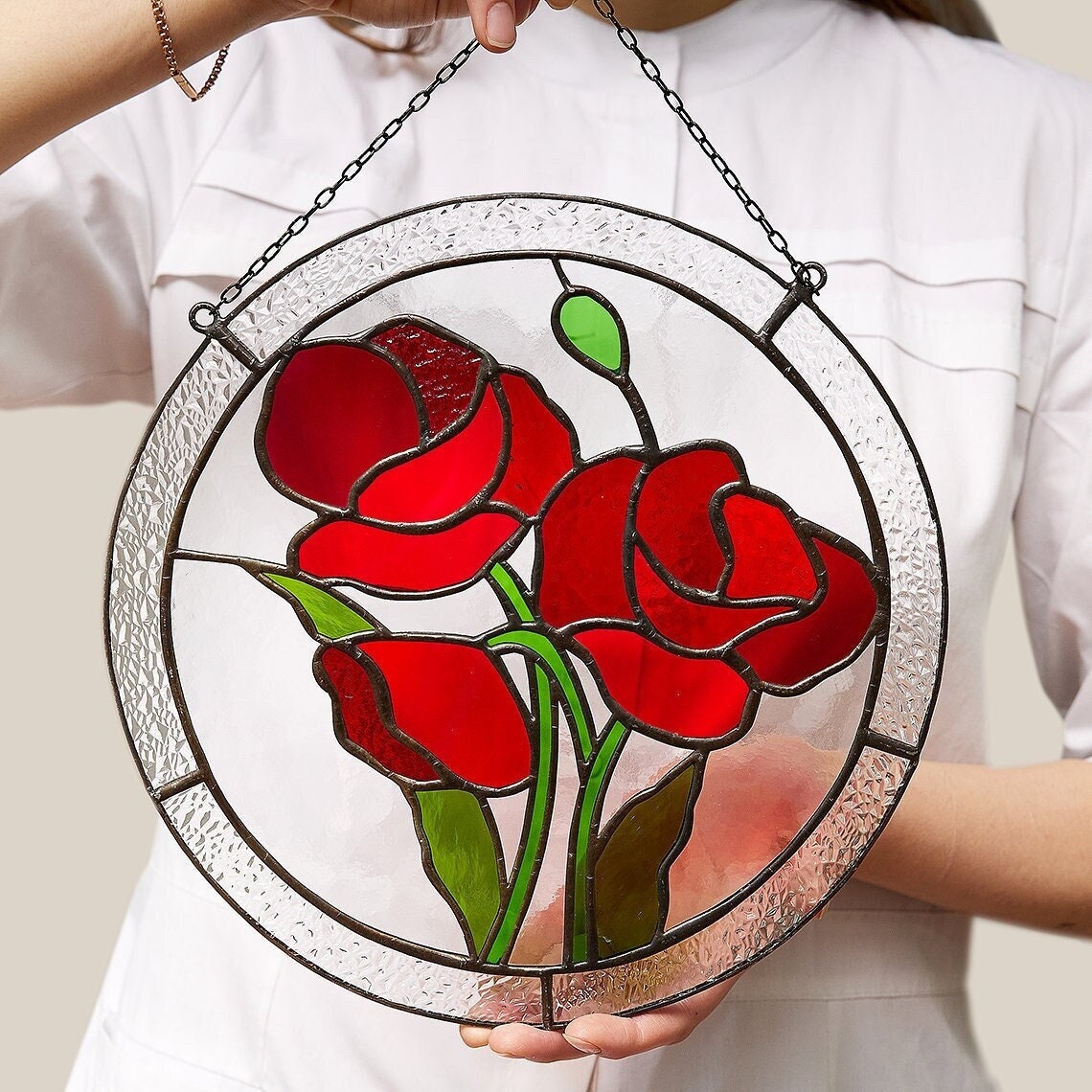 Poppy Flower Stained Glass Panel