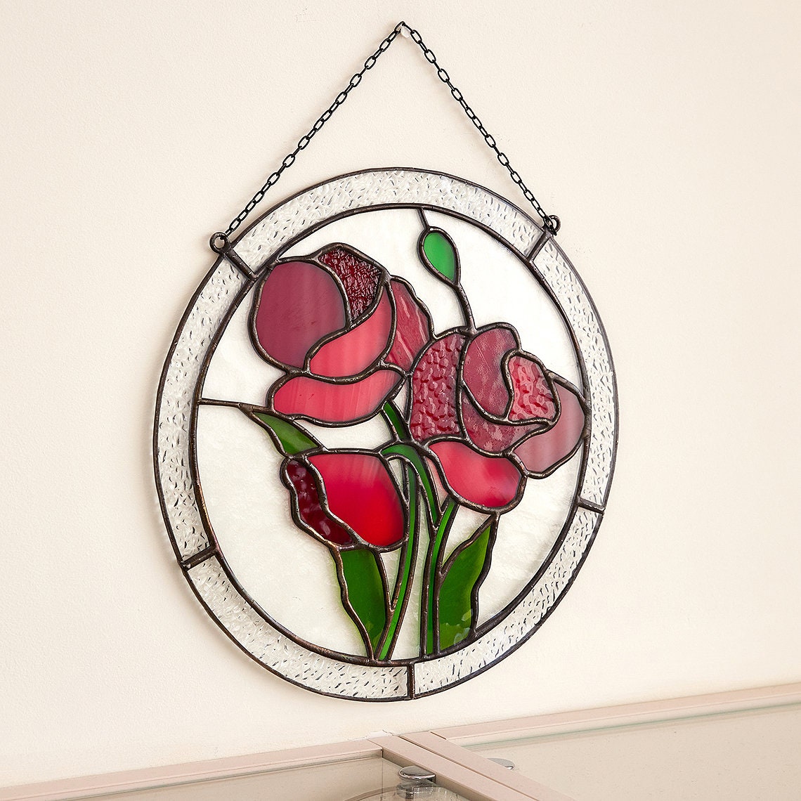 Poppy Flower Stained Glass Panel