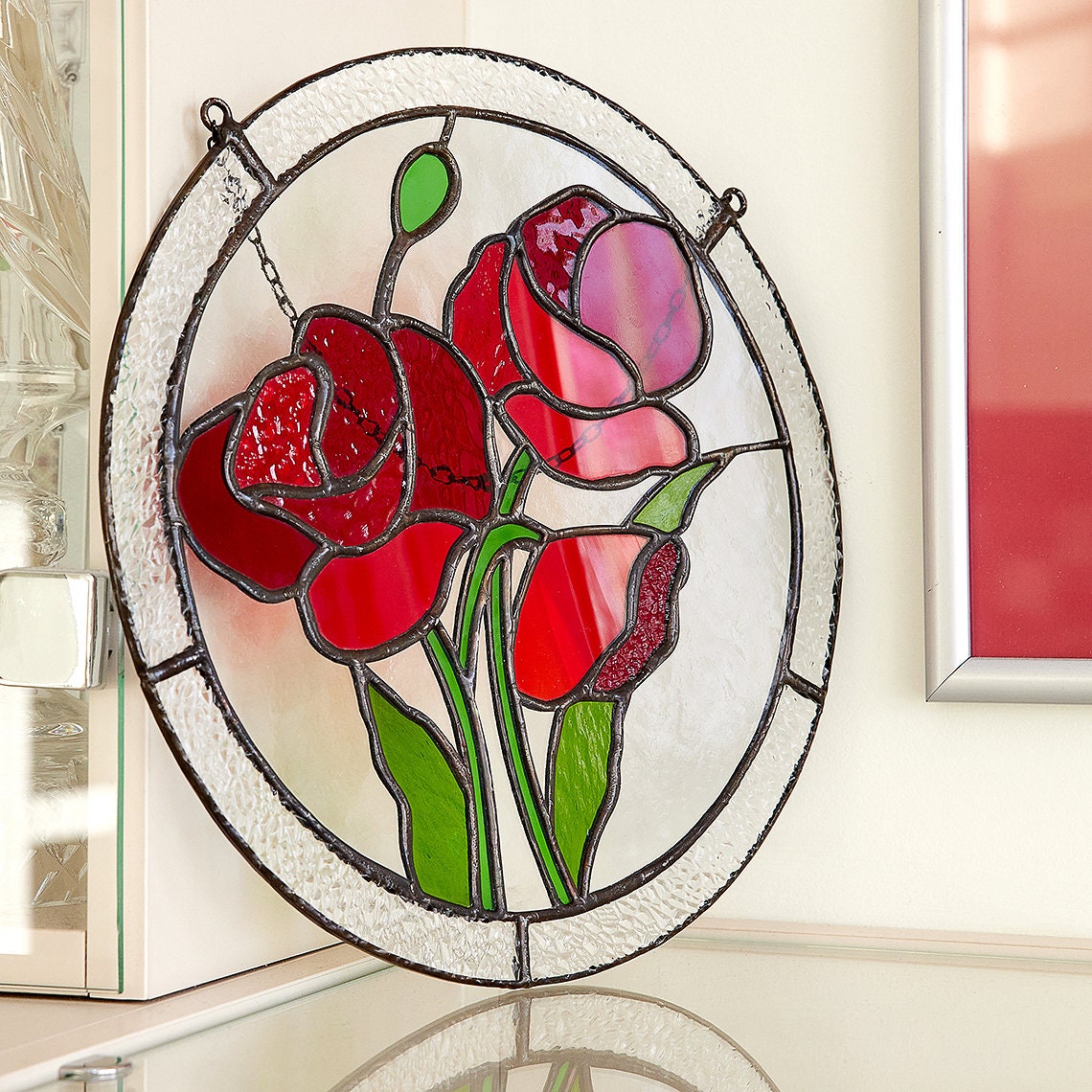 Poppy Flower Stained Glass Panel