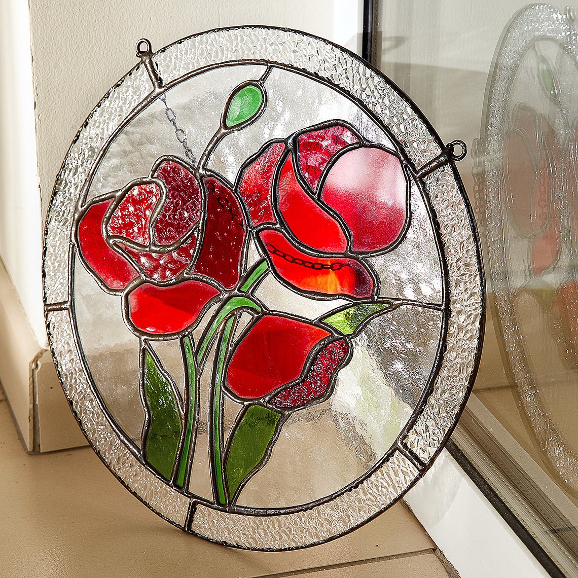 Poppy Flower Stained Glass Panel