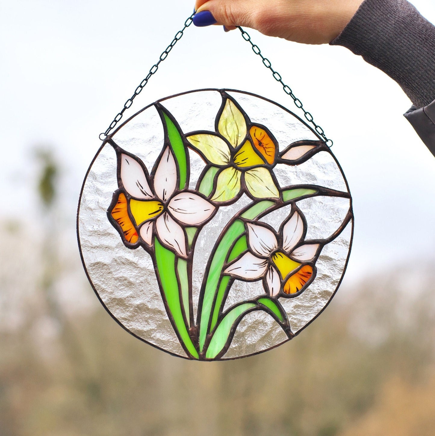 Narcissus Flower Stained Glass Hanging Panel