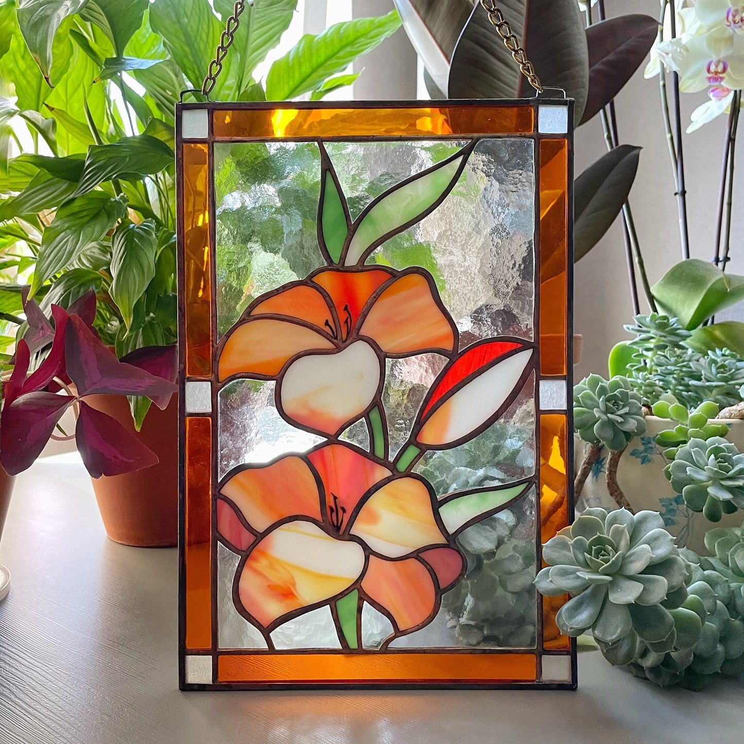Lily Flower Stained Glass Hanging Panel