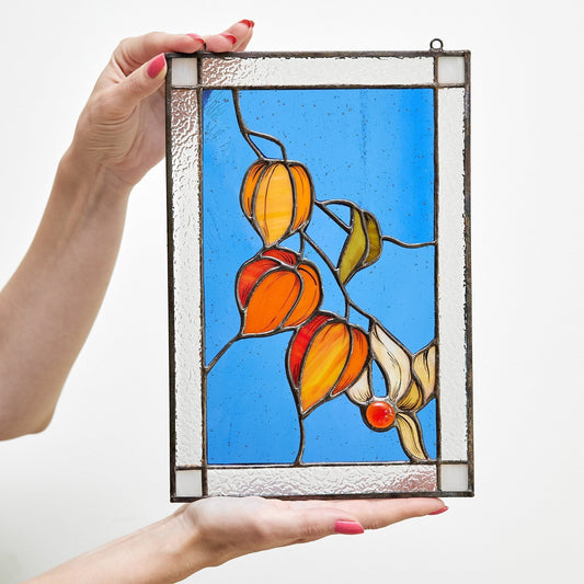 Frozen Physalis Stained Glass Panel