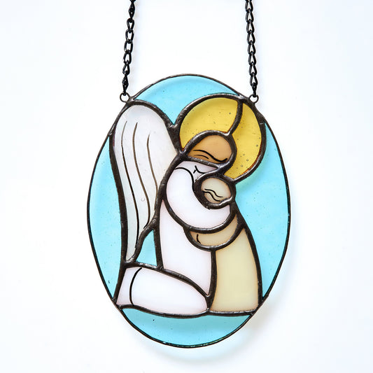 Hugging angel stained glass ornament