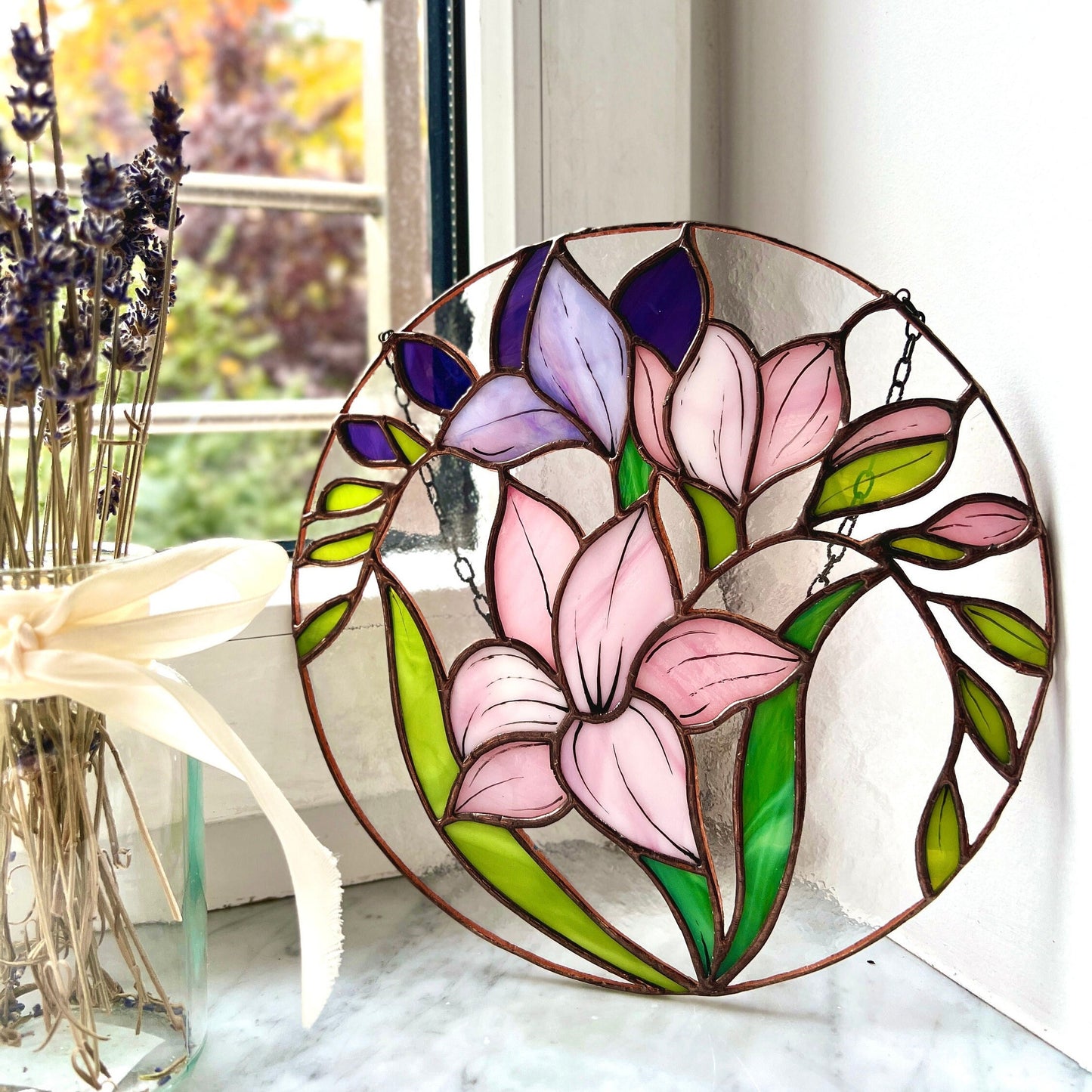 Freesia Flower Stained Glass Hanging Panel