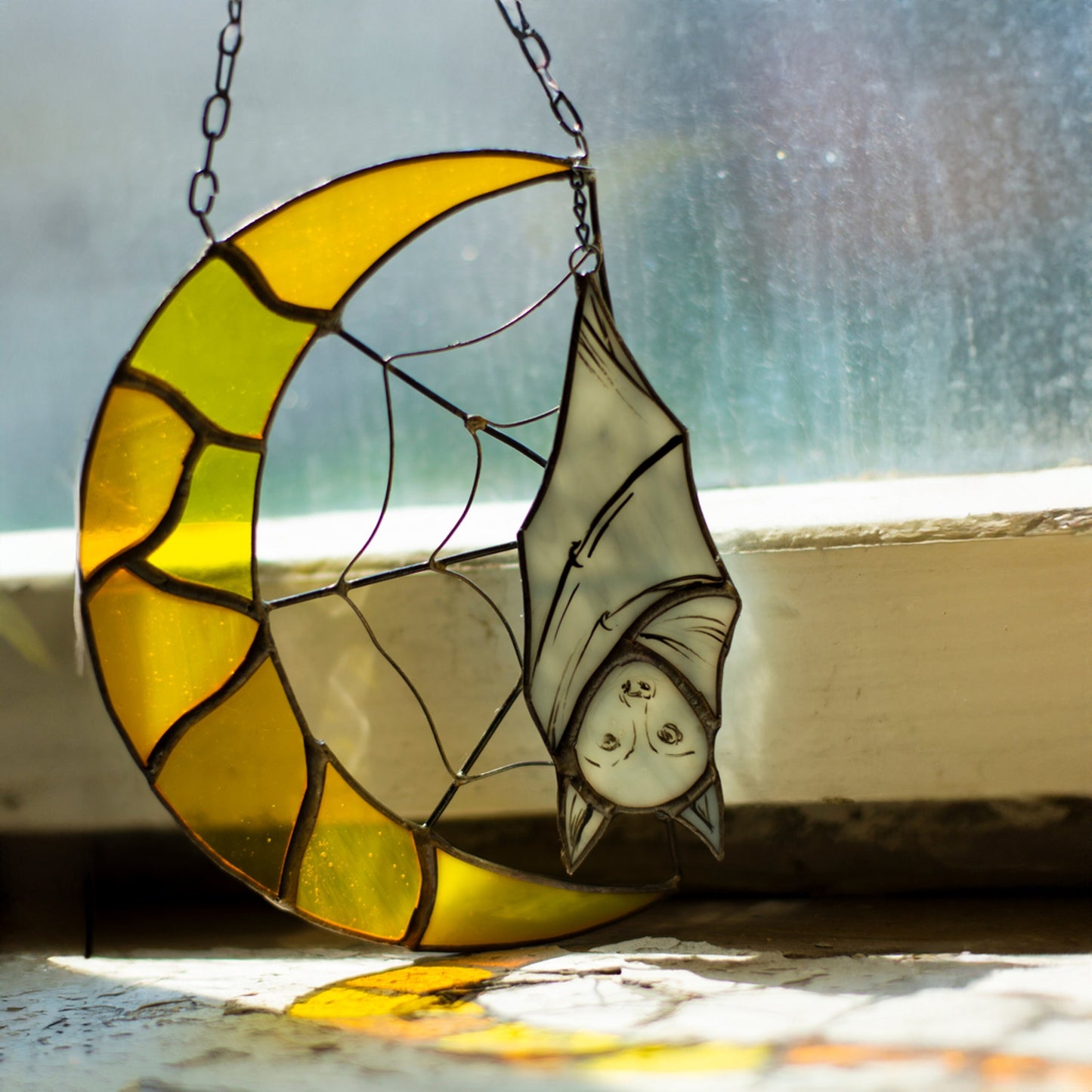 Bat and Moon Stained Glass Halloween Decoration