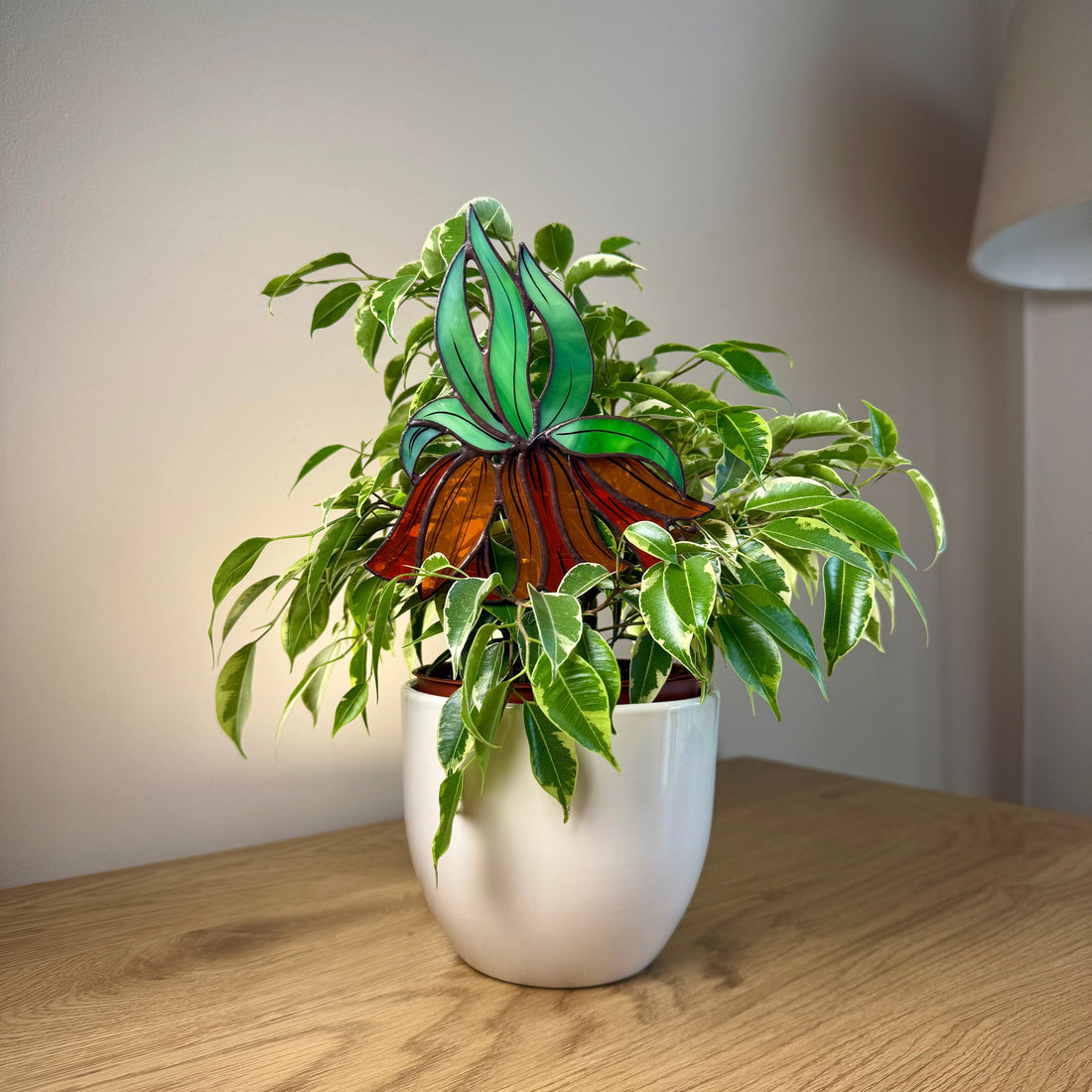 Grouse Flower Stained Glass Tabletop In the Plant Pot