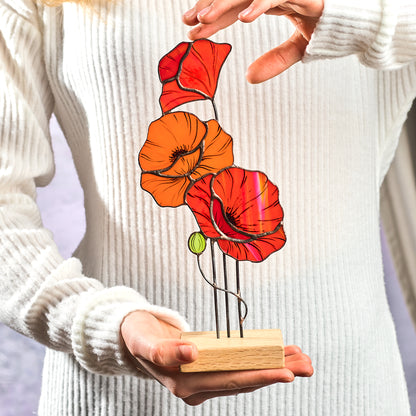 Red Poppy Flower Stained Glass Tabletop