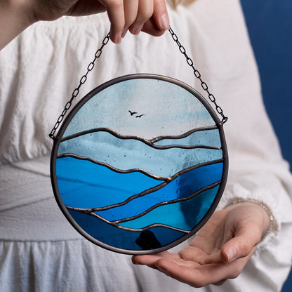 Blue Mountains and Sky Landscape Stained Glass Suncatcher