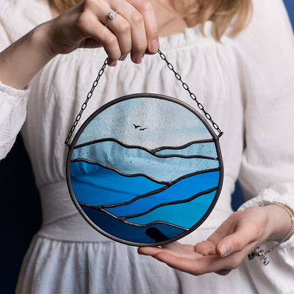 Blue Mountains and Sky Landscape Stained Glass Suncatcher