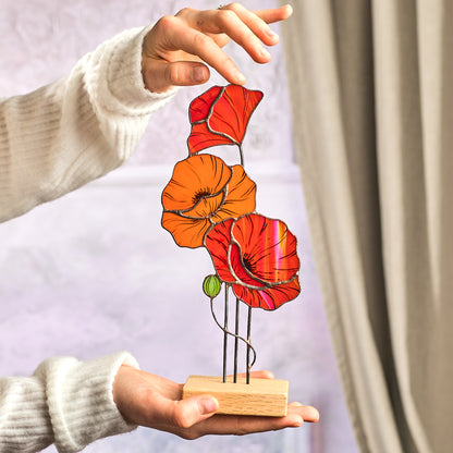 Red Poppy Flower Stained Glass Tabletop