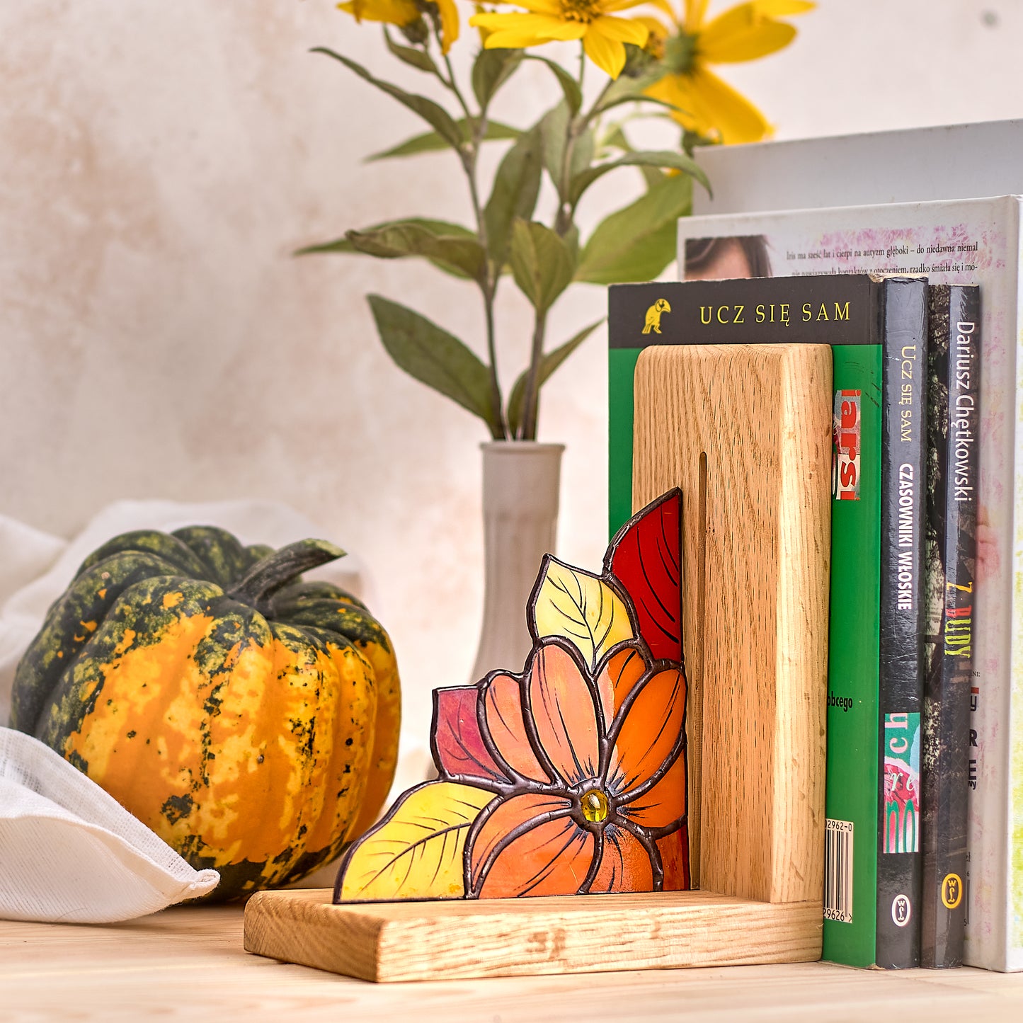 Fall Leaves Stained Glass Bookends