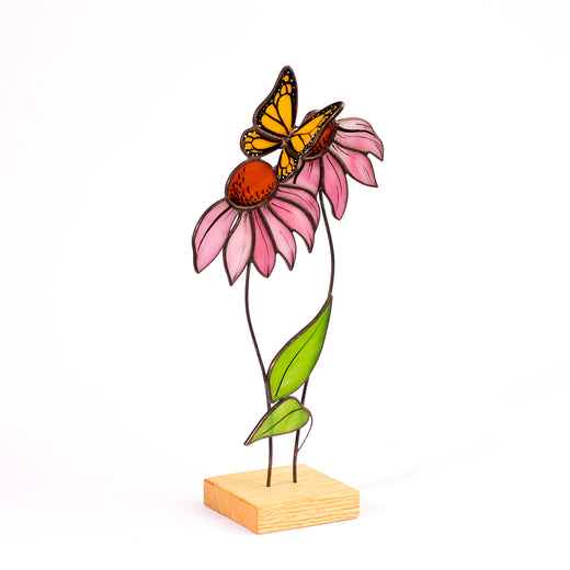 Pink Echinacea Flower with Butterfly Stained Glass Tabletop