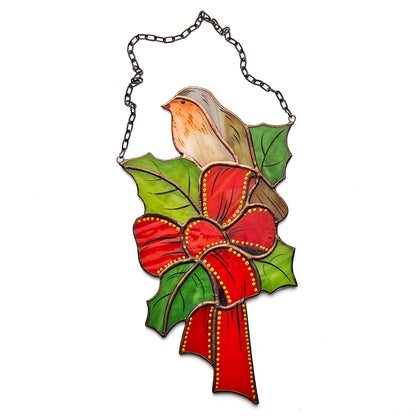 Stained Glass Robin Holly Bow