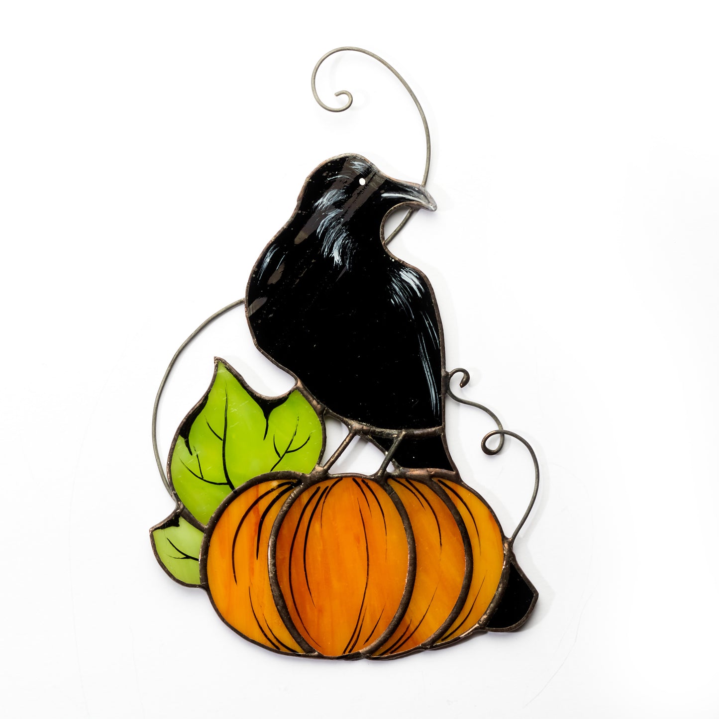 Crow on Pumpkin Stained Glass Halloween Decoration