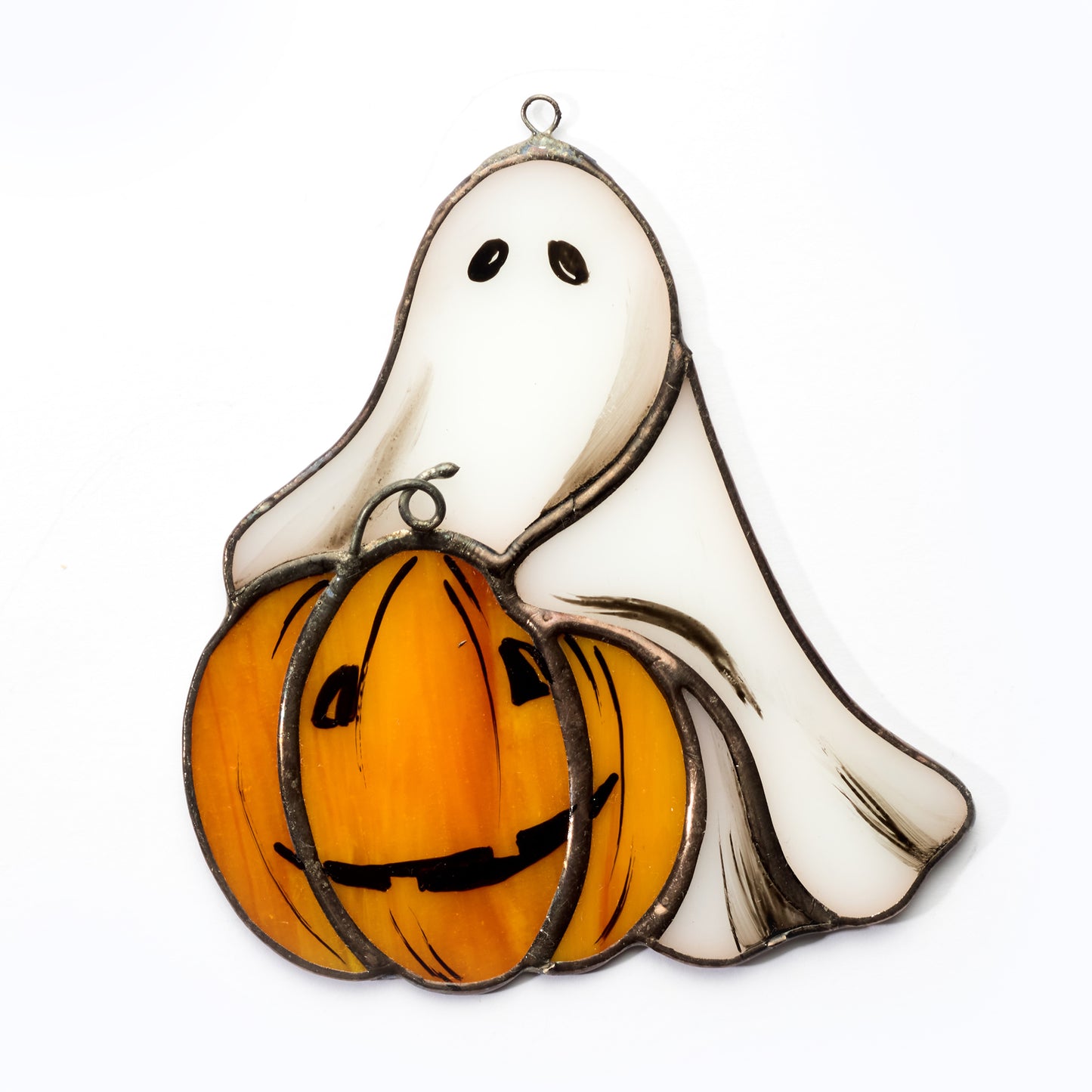 Little Ghost with Pumpkin Stained Glass Halloween Decoration