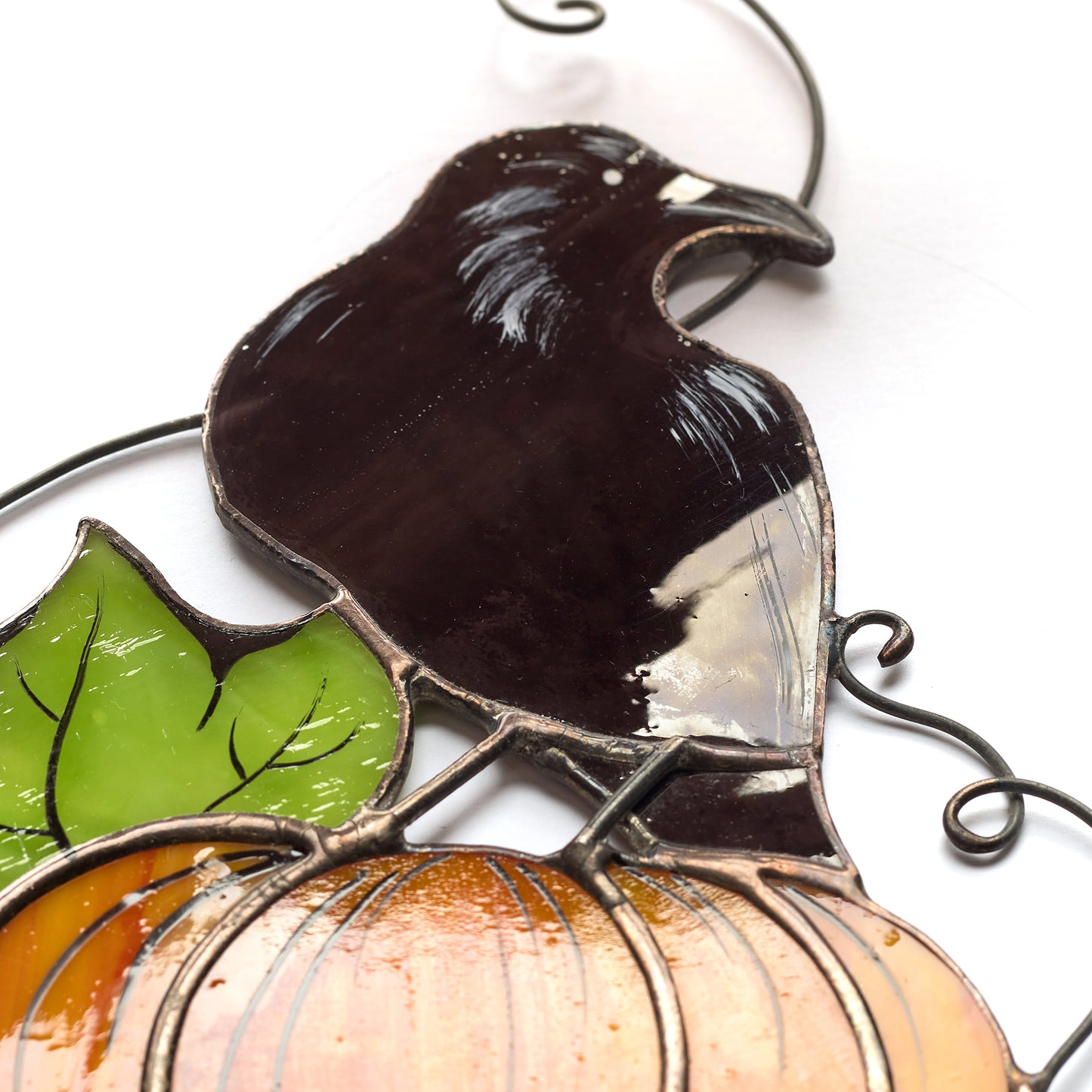 Crow on Pumpkin Stained Glass Halloween Decoration